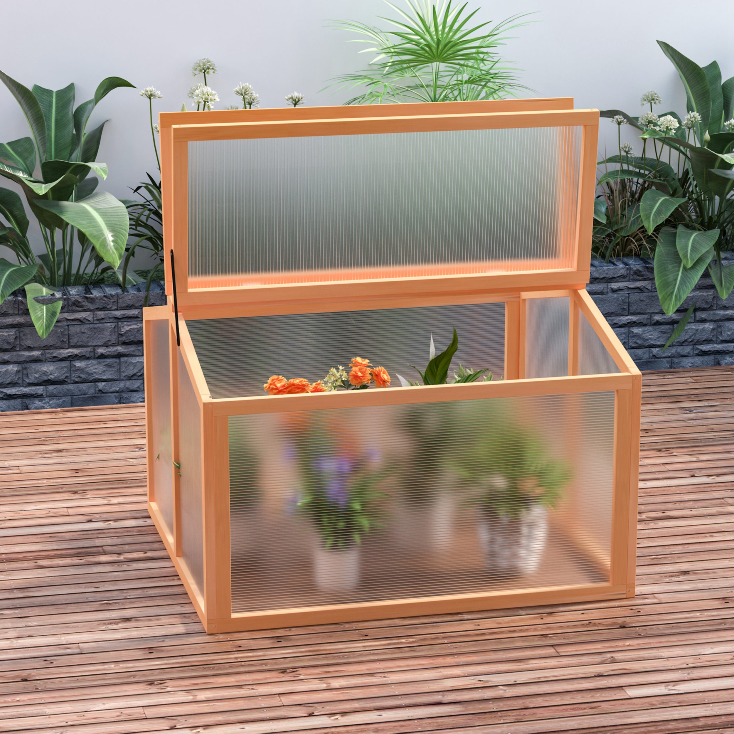 Outsunny Frühbeet Treibhaus Gewächshaus Frühbeetkasten Pflanzenbeet mit Abdeckung aus Holz und Polycarbonat wetterfest Orange 90 x 80 x 58 cm