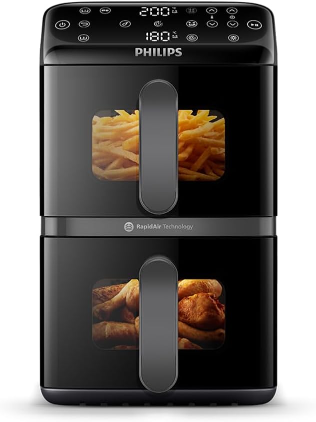 Philips Airfryer 4000 Series Stacked Dual Basket, Gestapelte Heißluftfritteuse 2 Kammern, 10L, RapidAir Technologie, 45% weniger Platzbedarf, PFAS-freie Keramikbeschichtung, Sichtfenster (NA460/00)