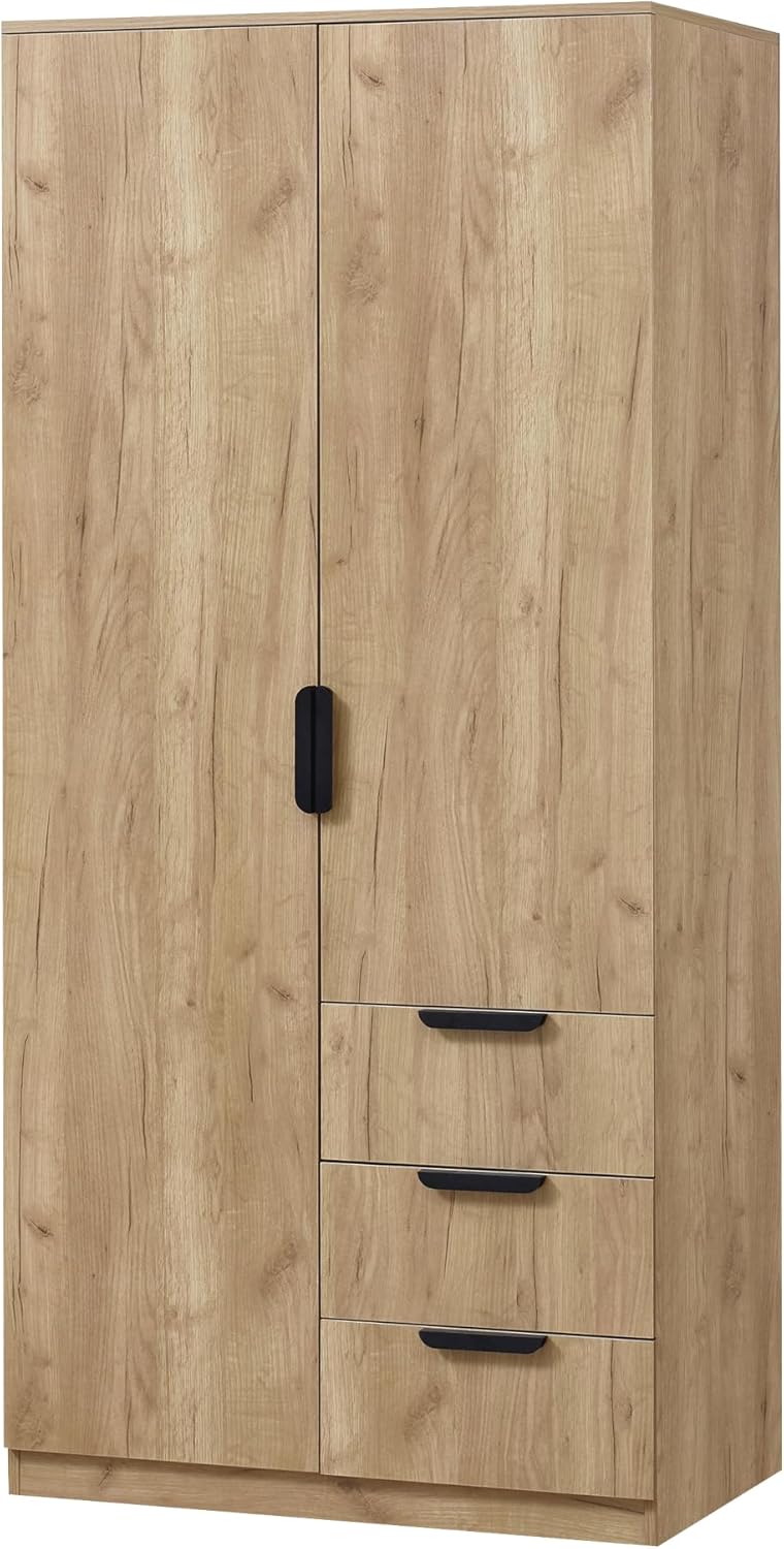 [en.casa] Wardrobe for Bedroom Closet with Doors 4 Compartments Coat Rack 3 Drawers 176 x 80 x 52 cm Oak Effect