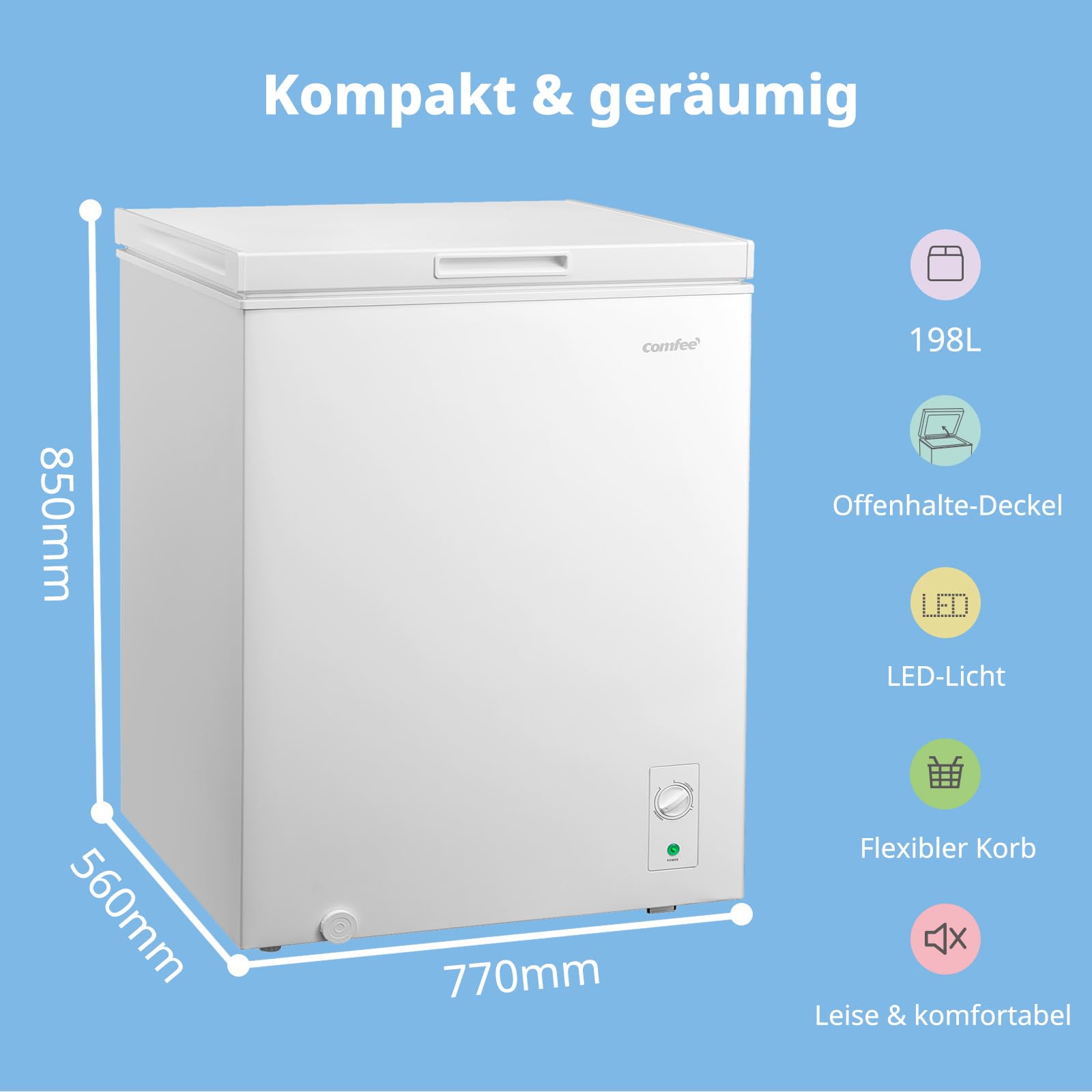 Comfee 198L Gefriertruhe freistehend 37 dB leise Tiefkühltruhe für Haushalt Garage Keller Vorrat