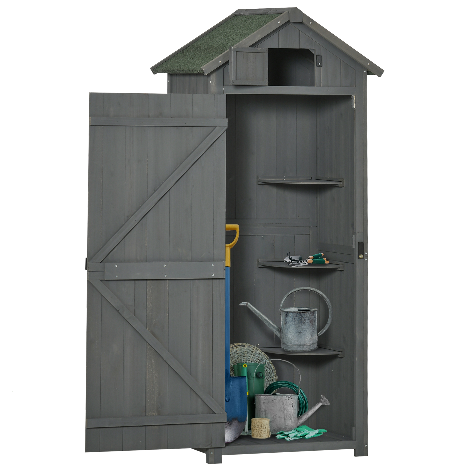 Outsunny Gartenschrank Holz, Geräteschuppen wetterfest 77x54,2x179cm, Gerätehaus mit Tür, Satteldach, Geräteschrank mit Böden, Werkzeugschrank Gartenschuppen für Garten, Terrasse, Grau+Grün