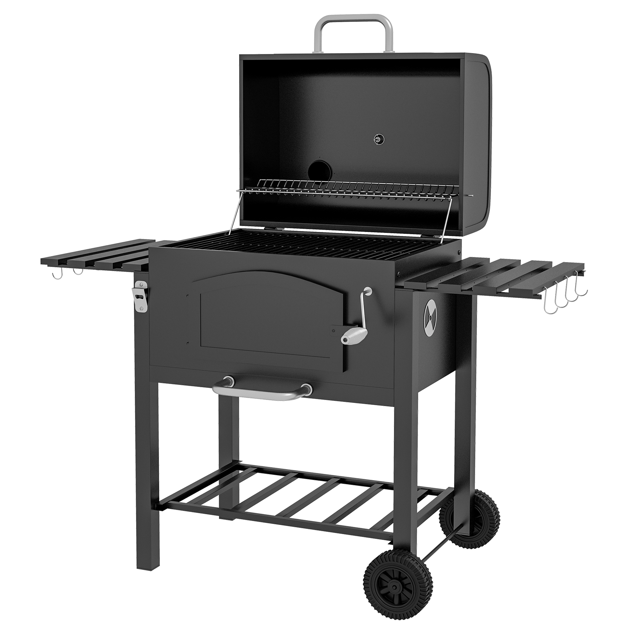 Houtskoolgrill BBQ-Grill Smoker, verstelbare koolstoffen, zijtafels, 124 x 66 x 112 cm, Zwart
