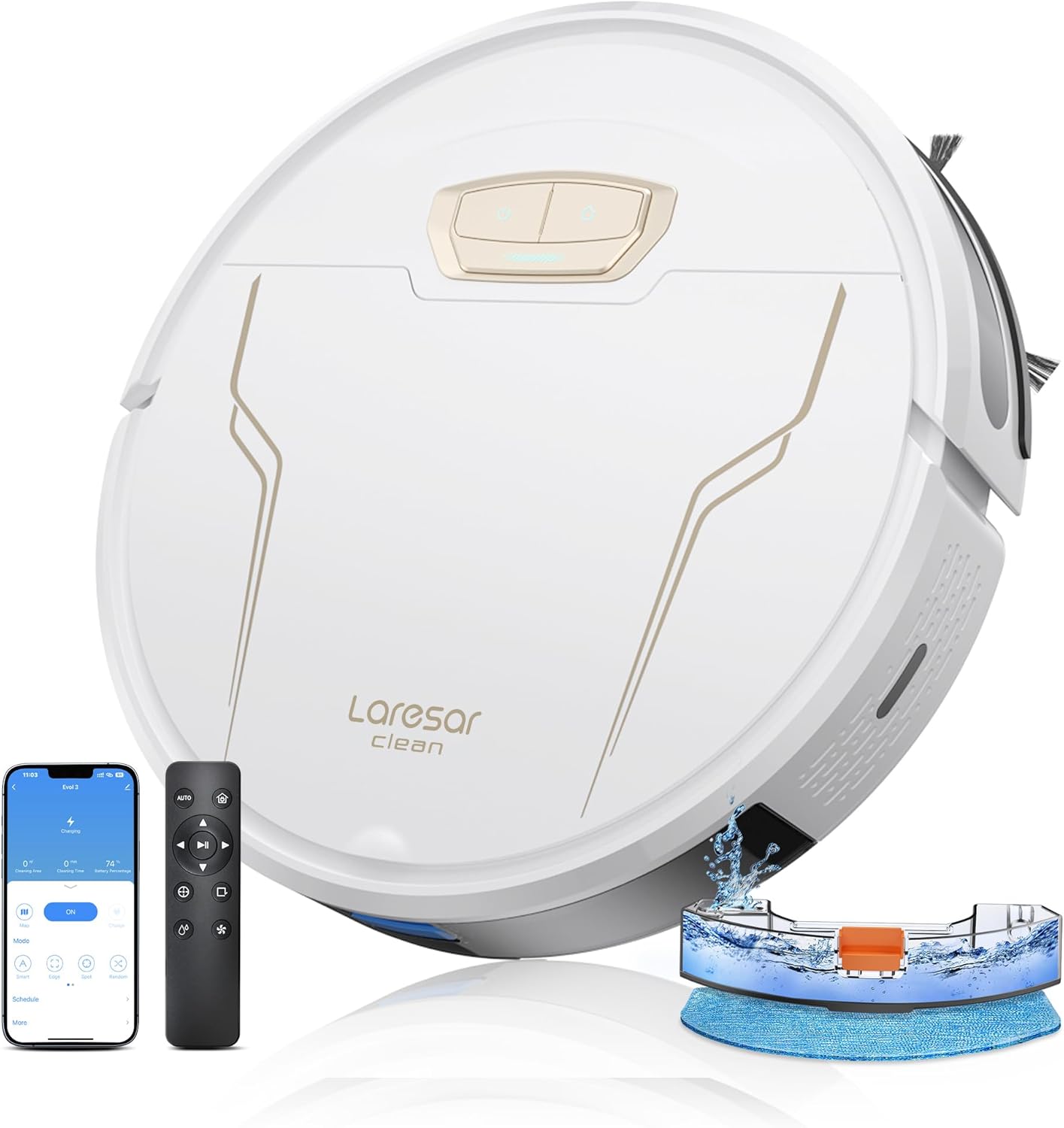 Laresar Clean Aspirapolvere Robot Evol 3S, Robot Aspirapolvere Lavatore 4000Pa con Boost Auto per Tappeto, Ultra Sottile e Silenzioso, Peli di Animali, 3 in 1, Multi-superficie