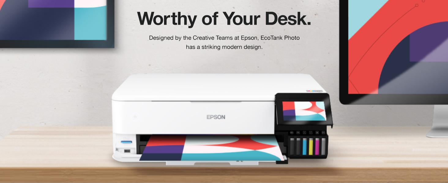 Worthy of your desk. designed by the creative teams at Epson. EcoTank Photo has a striking design.