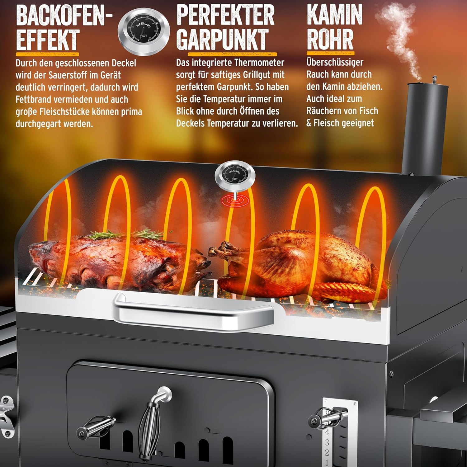 KESSER® Holzkohlegrill XXL Grillwagen Set mit Deckel & Thermometer – großer BBQ Kohlegrill Wagen, Smoker Grill mit Kamin & Lüftung, mit Grillrost, Warmhalterost & Ablage inkl. Haube, Bürste & Pinsel