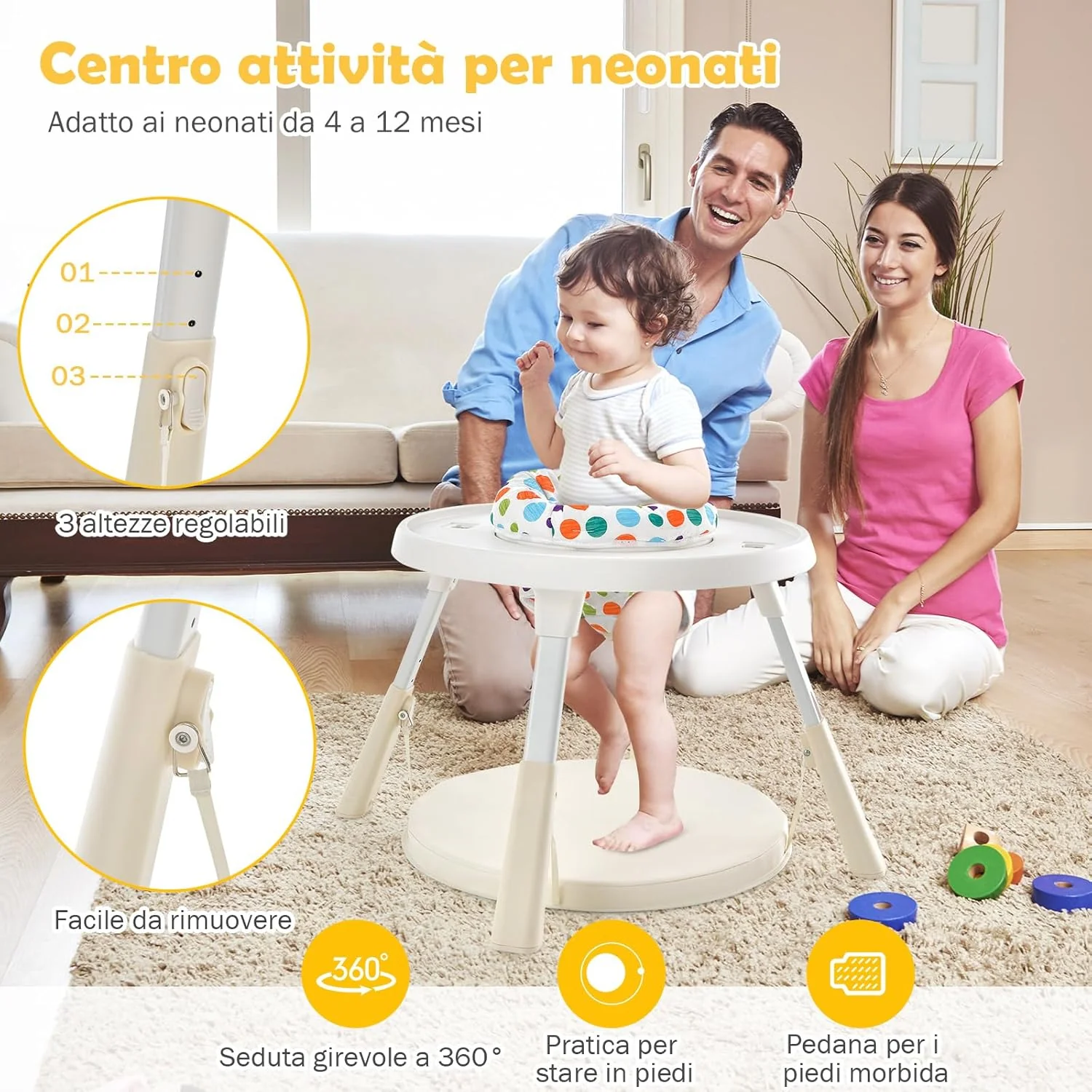 6 in 1 Seggiolone per Bambini, Seggiolone con Altezza Regolabile con Vassoio a 2 Livelli e Cesta, Centro Attività per Bambini, Set Tavolo e Sedia con Mattoncini per Bambini (beige)