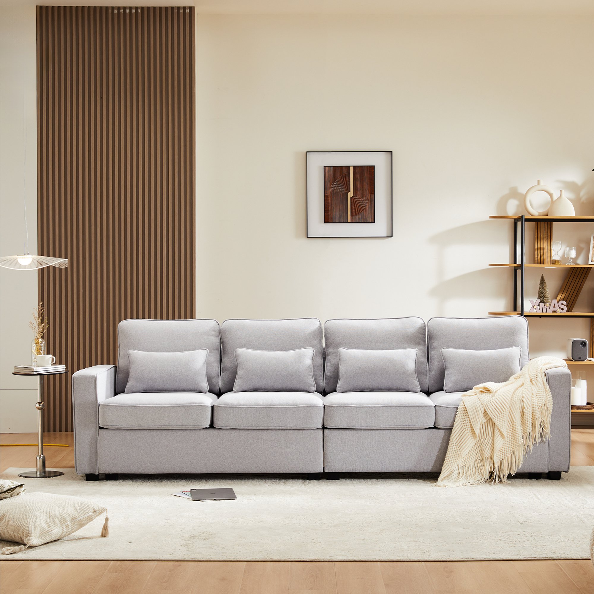 Sofa 3 Sitzer, Bequeme Leinen Sofa für Familie und Büro, mit Taschen und Kissen, Größe 264x83x87 cm, Grau