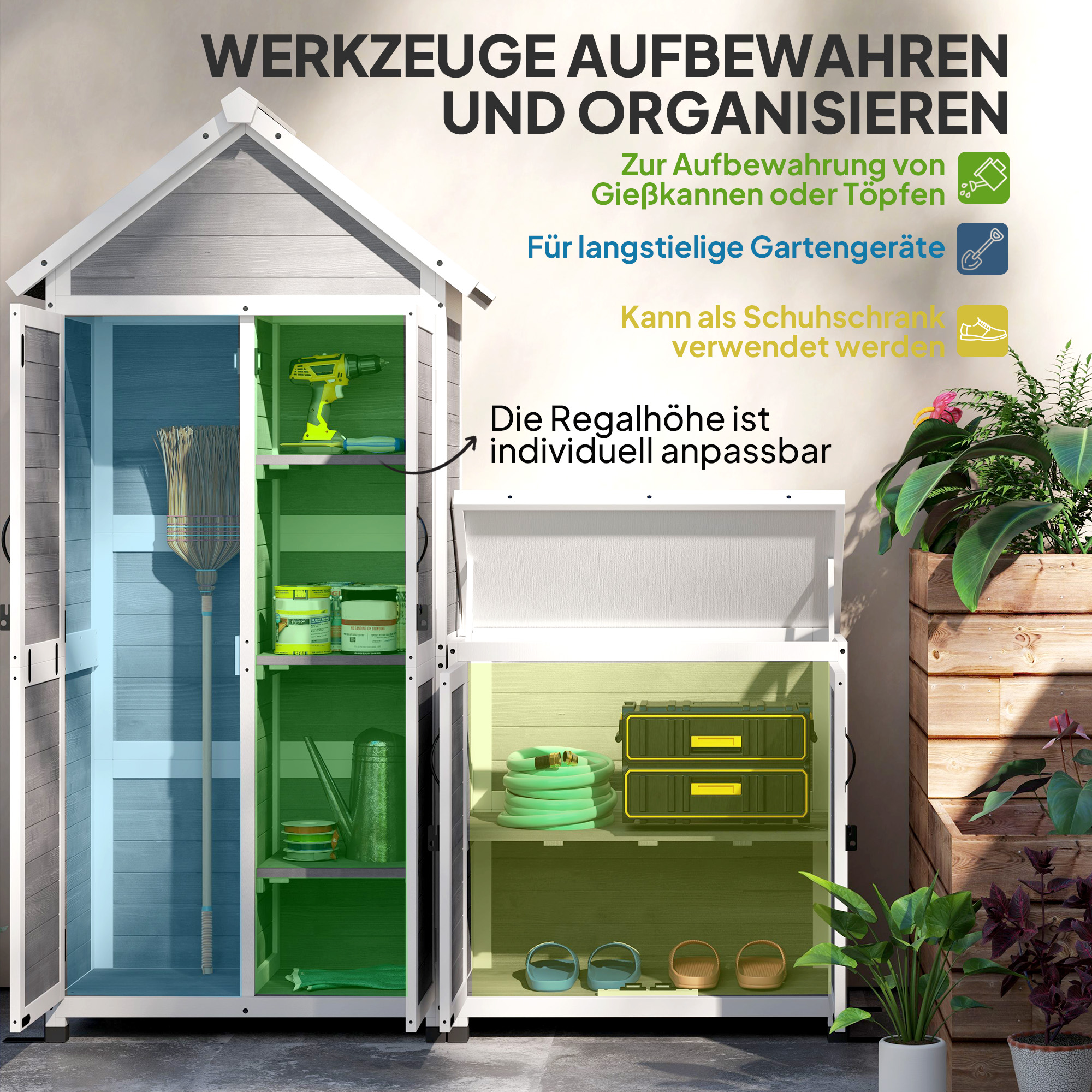 Tuinschuur met Opbergkast, Aanpasbare Planken, Afsluitbare Deuren, Waterbestendig, Sparrenhout, Lichtgrijs