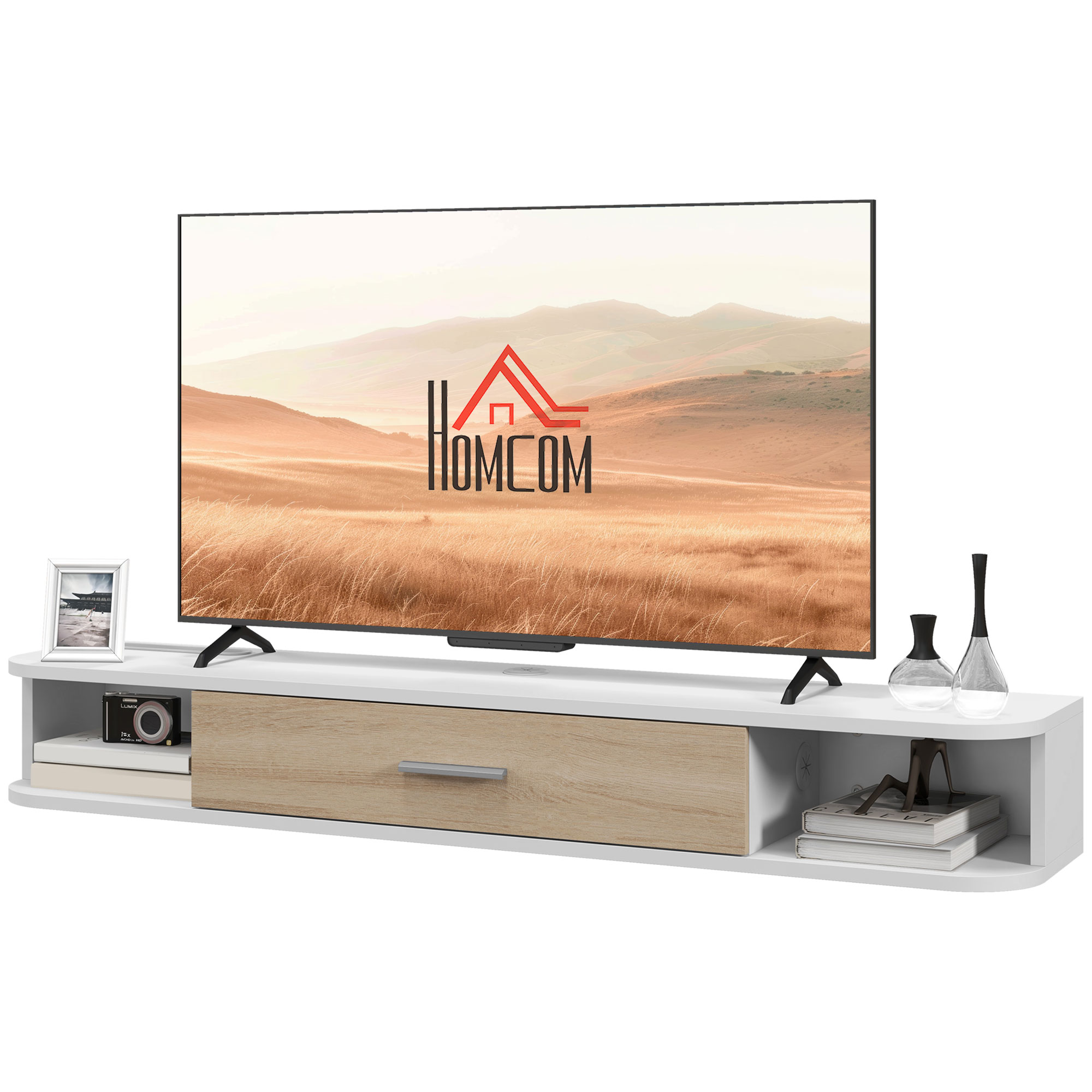 HOMCOM Wand-TV-Möbel TV-Bank bis zu 50 Zoll mit offenen Fächern und klappbarem Schrank Weiß