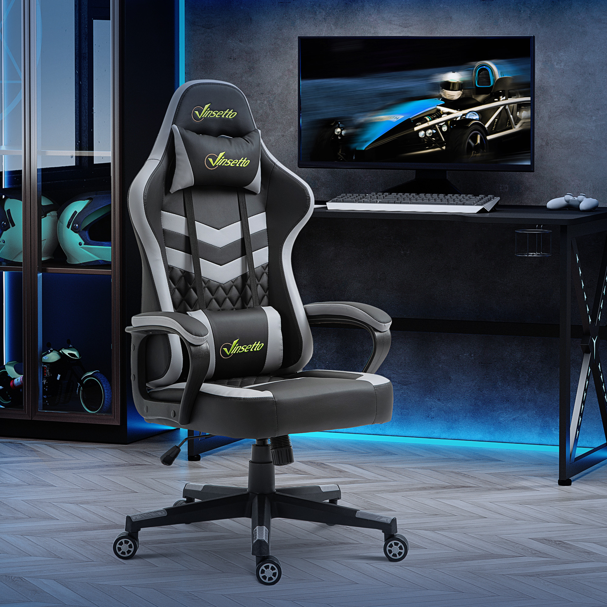 Vinsetto Gaming-Bürostuhl Gamer-Stuhl mit Nackenstützkissen und Lendenstütze Höhenverstellbar 61 x 70 x 129 cm Schwarz und Weiß