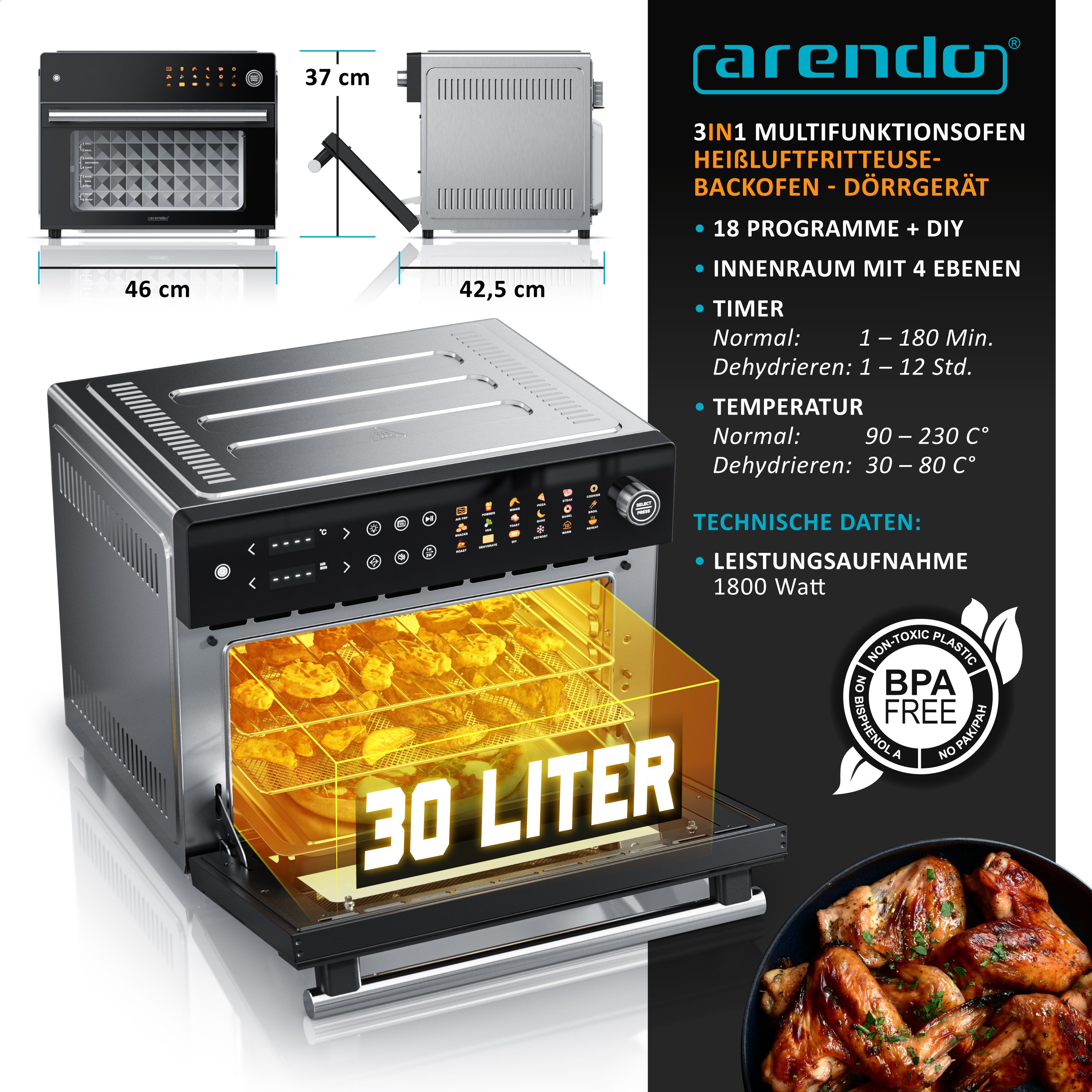 Minibackofen Airfryer 30L Edelstahl Multifunktionsofen, XXL Heißluftfritteuse 1800W