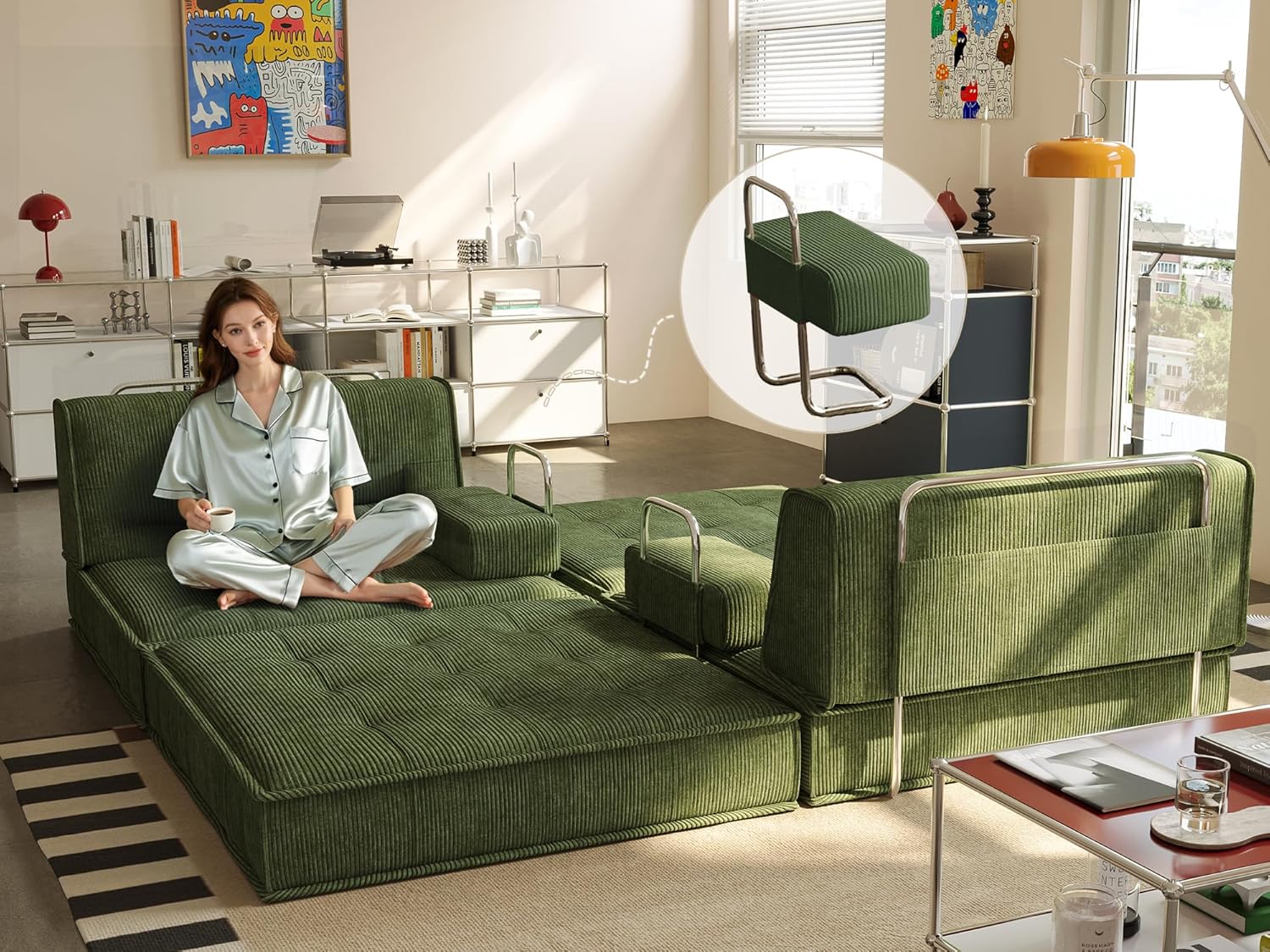 6 in 1 Schlafsofa 160x100cm,Klappbare Matratze 200x160cm mit festem Rahmen, bequemer ausklappbarer Futon, 4-Sitzer Gästesofa modularer Loveseat ohne Federkern für Wohnzimmer