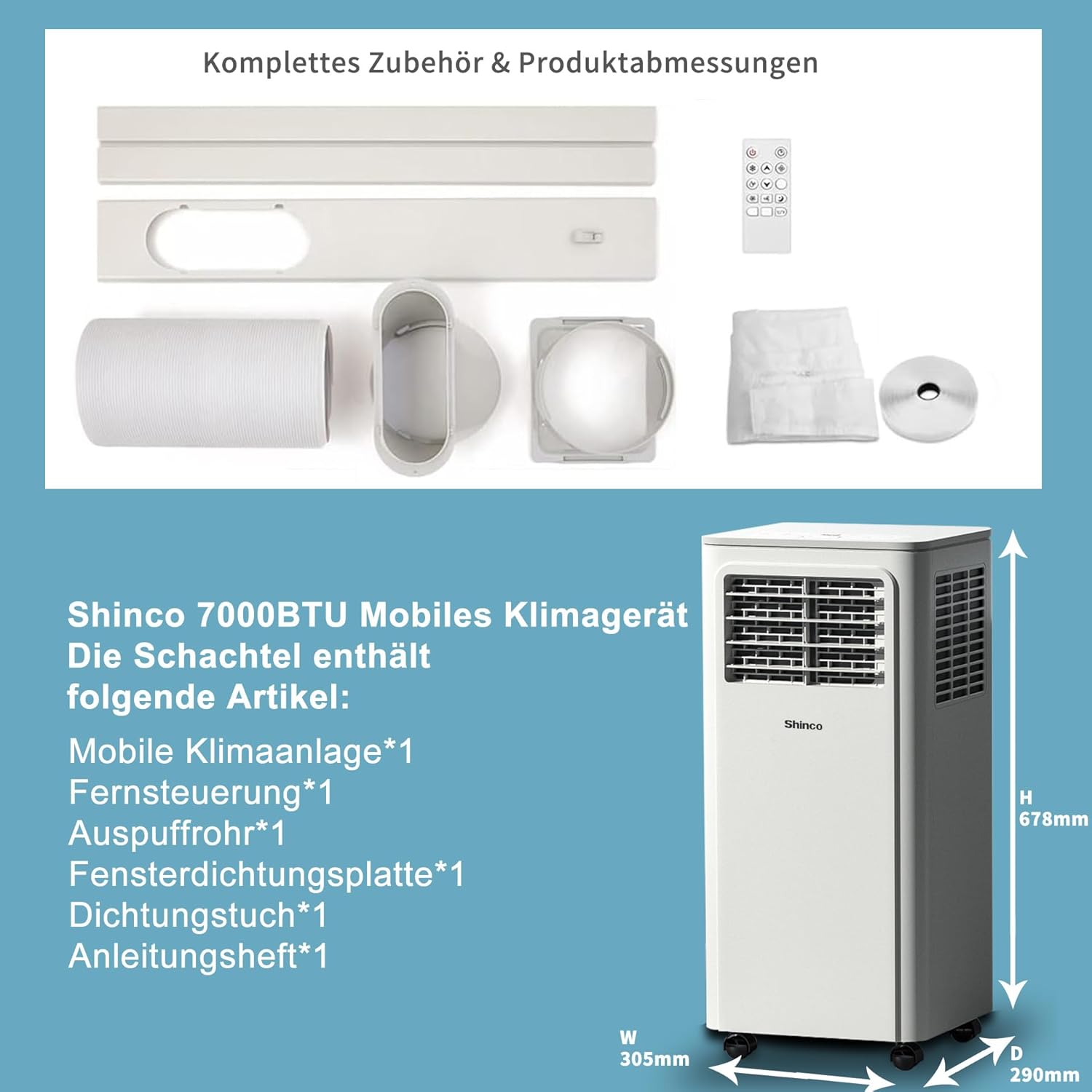 SHINCO Mobile Klimaanlage mit Abluftschlauch, 9000BTU, 2,6 kW, Kühlen&Ventilieren&Entfeuchten, Mobiles Klimagert mit Schlafmodus, Raumgre bis 22㎡, 24-Stunden-Timer