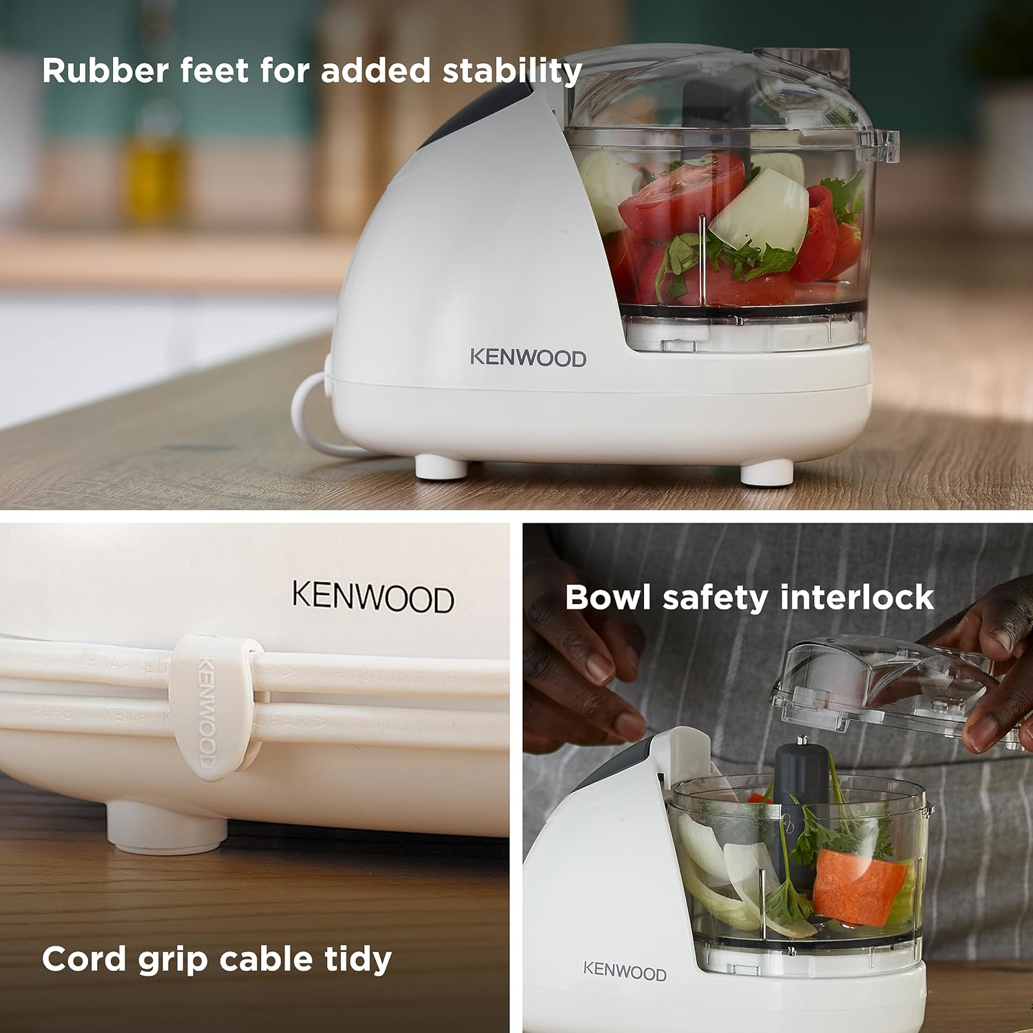 Kenwood Chopper CHP61.100WH, Potenza 500W, Ciotola da 0.5L, 2 velocità, Sistema a quattro lame, Anello antiscivolo per la stabilità del tritatutto, Lavabile in Lavastoviglie, Bianco/SIlver