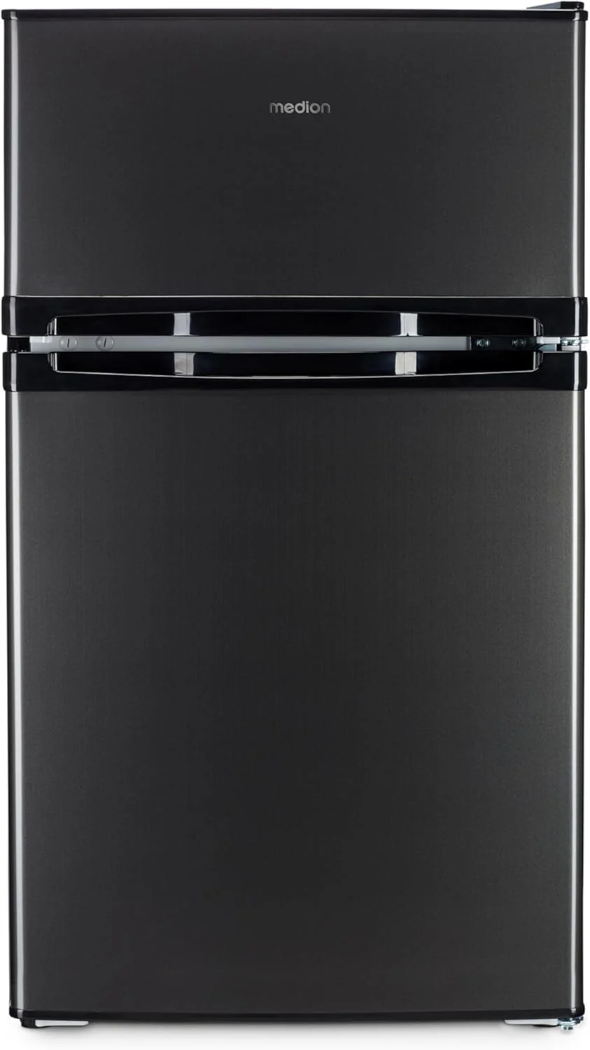 MEDION Mini koel-vriescombinatie (85 liter, 61L koelgedeelte, 24L vriesgedeelte, vrijstaand, 40 dB, transparante groentelade, deurscharnier omkeerbaar, MD 37689) grijs
