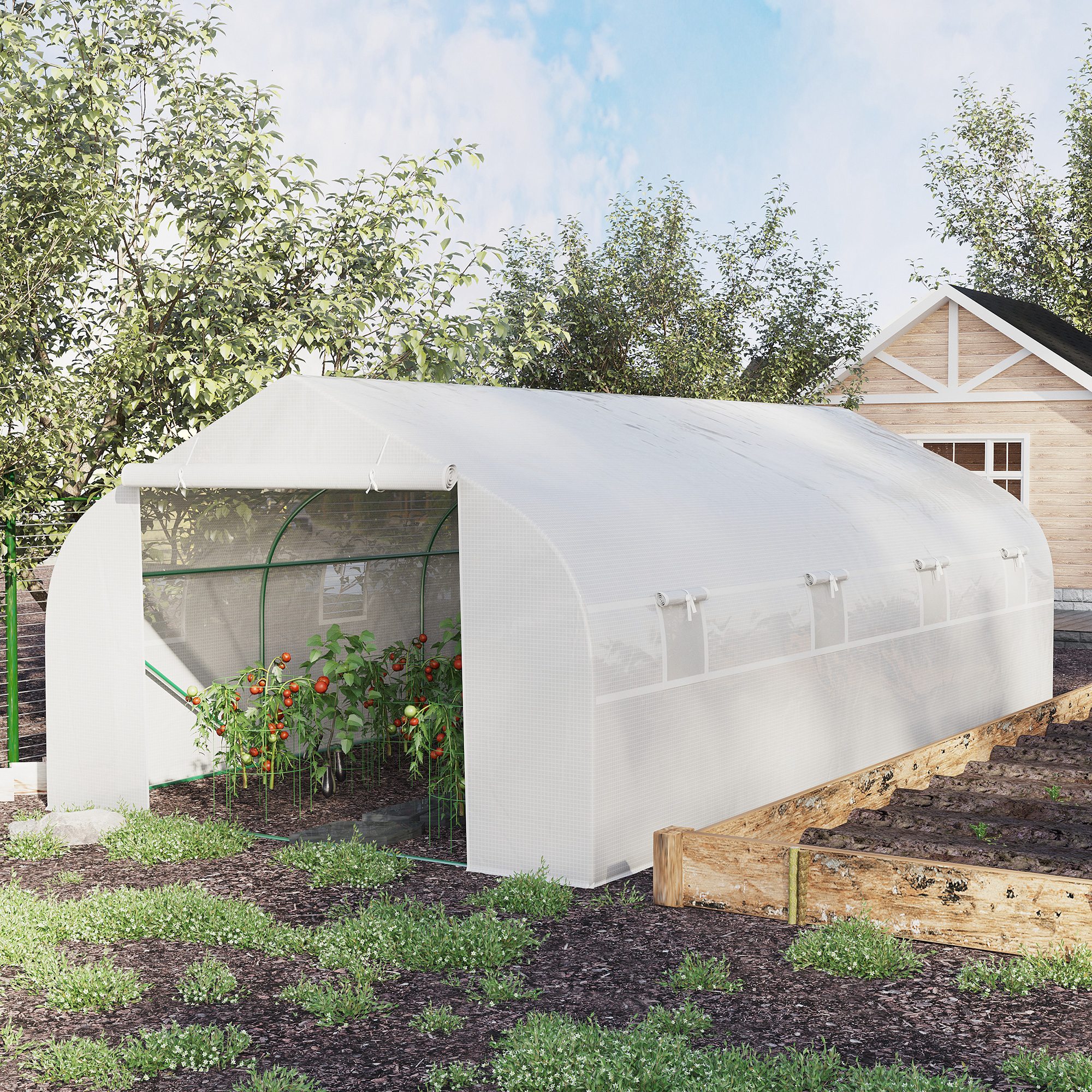 Outsunny Garten-Tunnelgewächshaus Maße 6 x 3 x 2 m Tür + 8 aufrollbare Fenster Stahl PE-Gewebe mit hoher Dichte Weiß