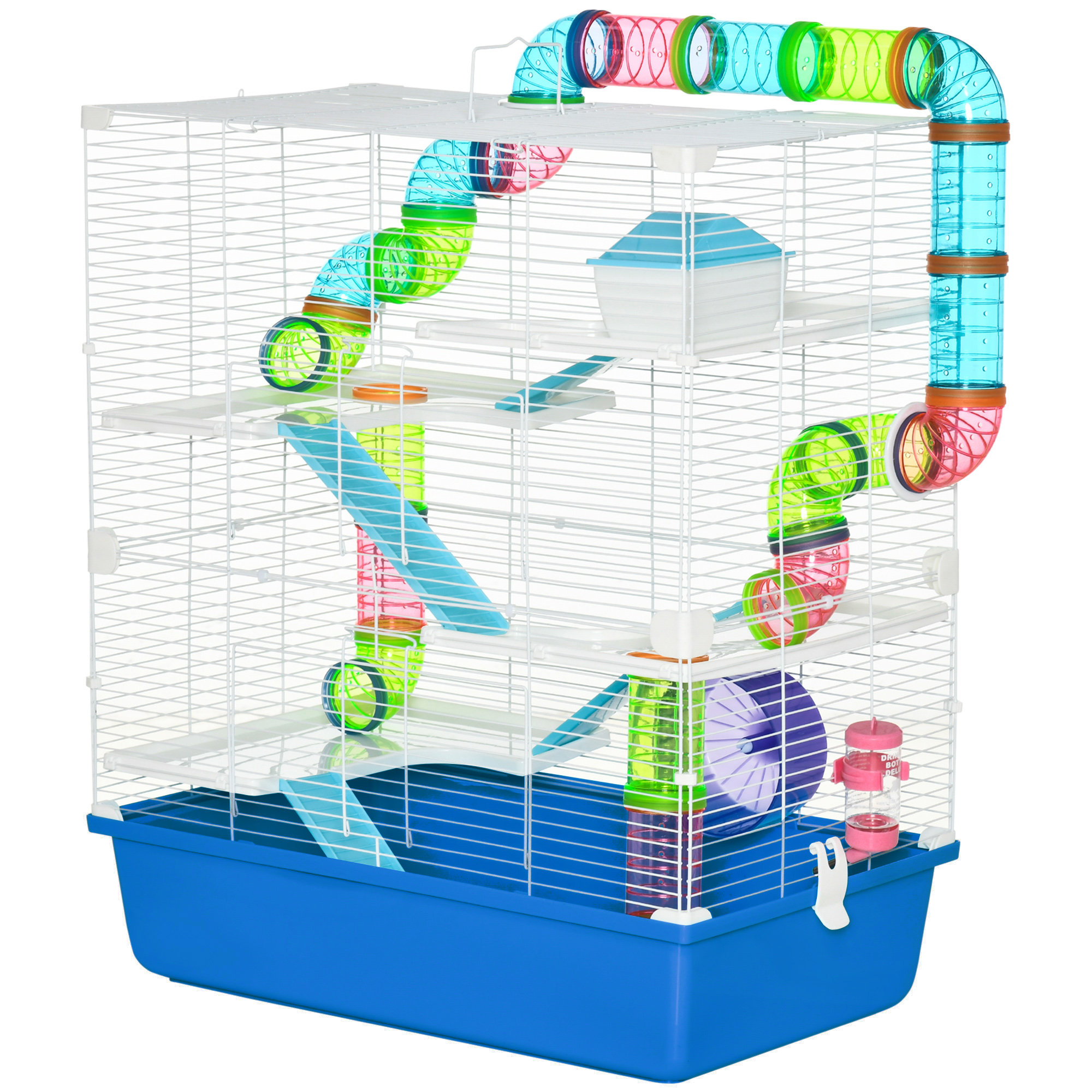 PawHut Hamsterkäfig mit 5 Ebenen, Röhren, Hochhaus, Wassertank und Rad, aus Stahl, PP und PS, 59x36x69 cm, Blau und Weiß