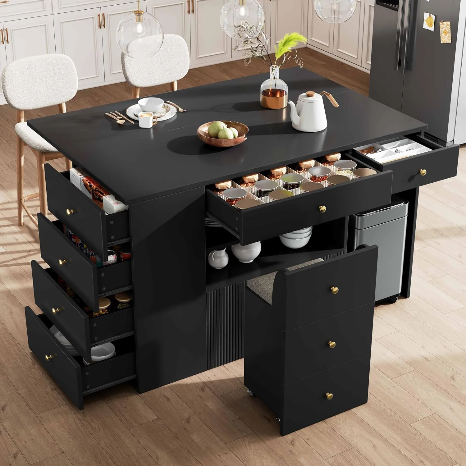 Lahoomu Bewegliche Kücheninseln, 89 cm, Schwarz, Anrichte mit Barhockern, Küchenschrank mit 6 Schubladen & Hockern