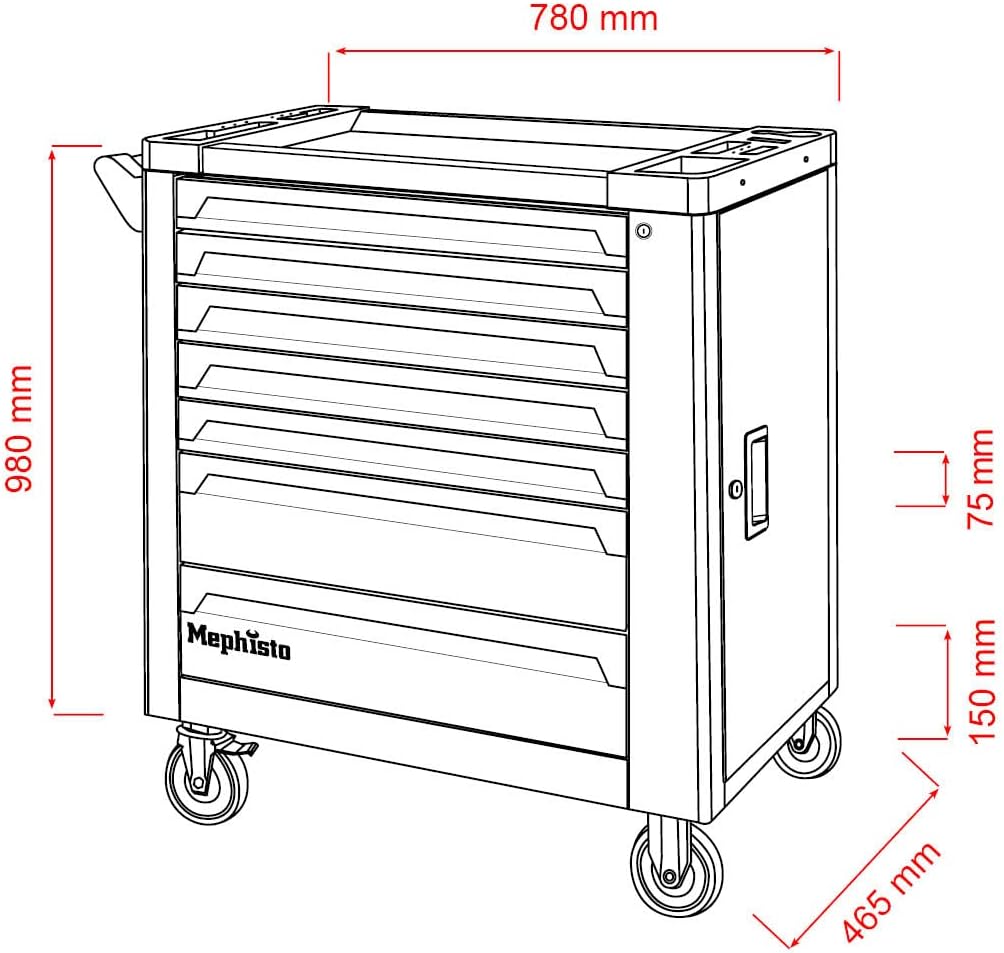Mephisto Carrello portautensili XXL con 7 cassetti di cui 7 con attrezzi come chiave inglese cricchetto con cassetta per noce cacciavite ecc. Cassetti riempiti con inserti morbidi in effetto carbonio