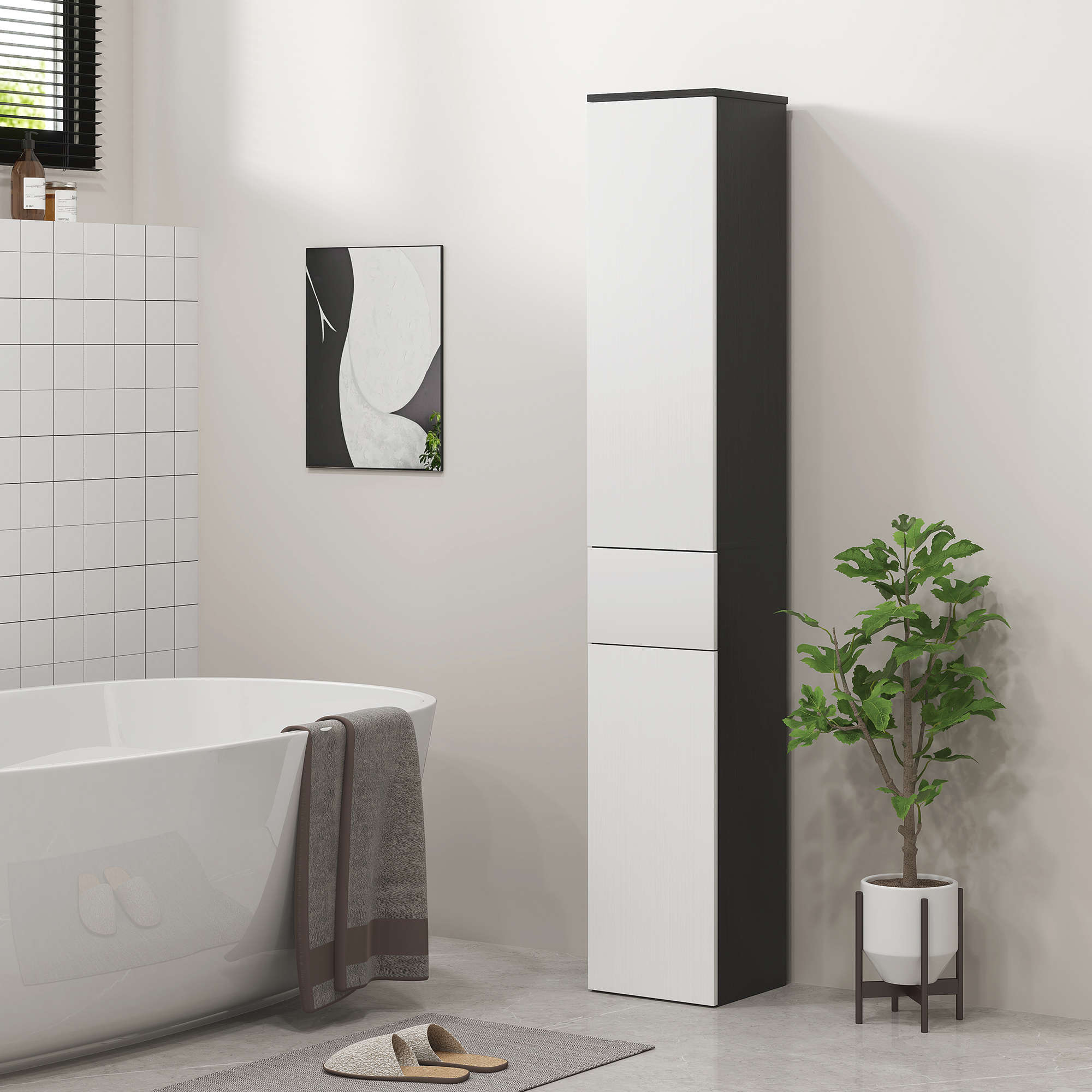 kleankin Platzsparender Badezimmerschrank aus Holz mit 2 Schränken und Schublade, 30x28x180 cm, Schwarz