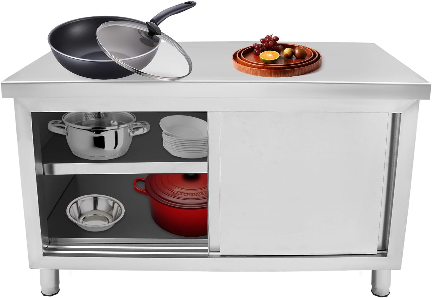 120x50x86 cm tavolo da lavoro armadio cucina esterna in acciaio inox, ante scorrevoli, due ripiani apribili