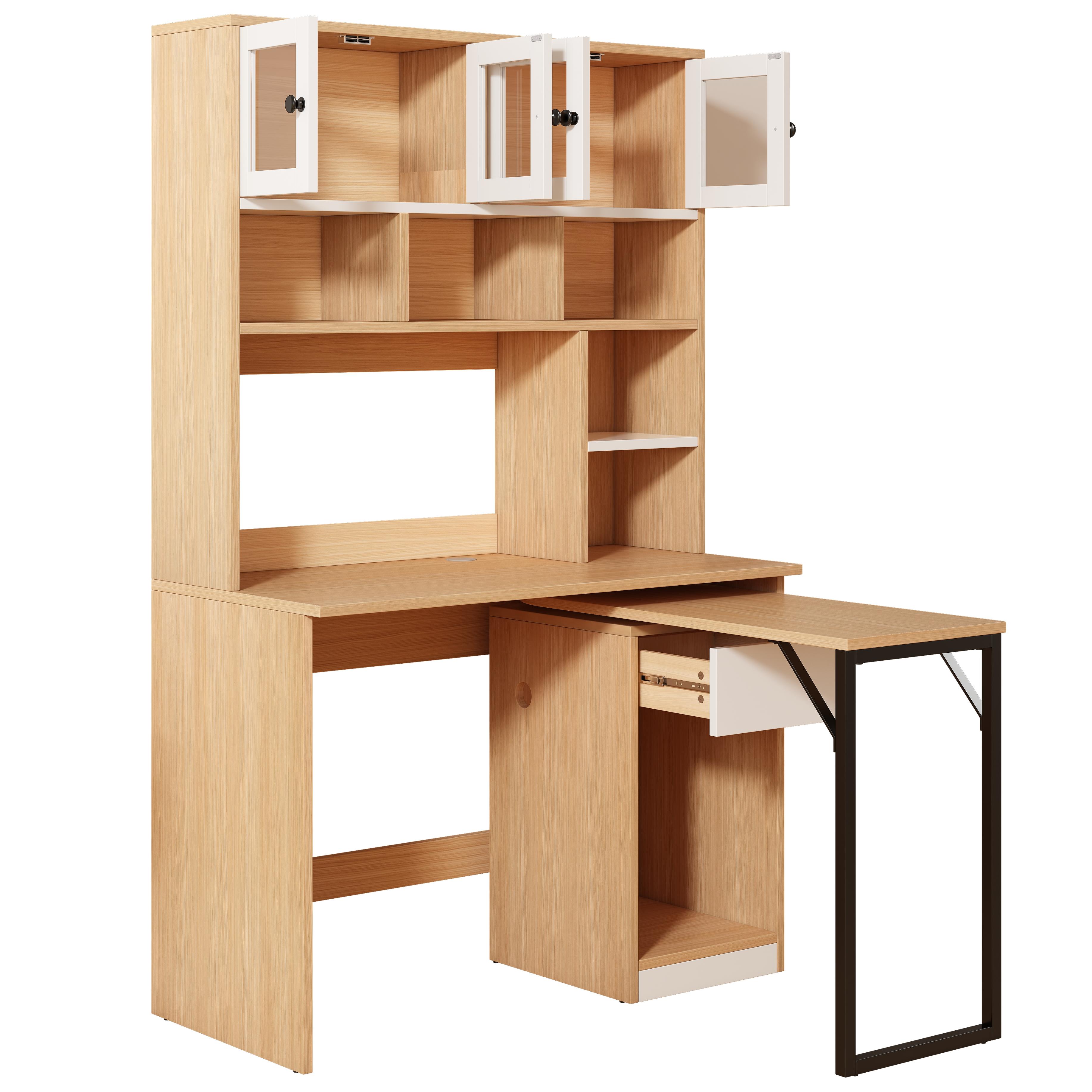 Computertisch 110x55 cm mit Hochschrank, Kompakter Schreibtisch mit Stauraum, drehbar, Naturfarbe+Weiß