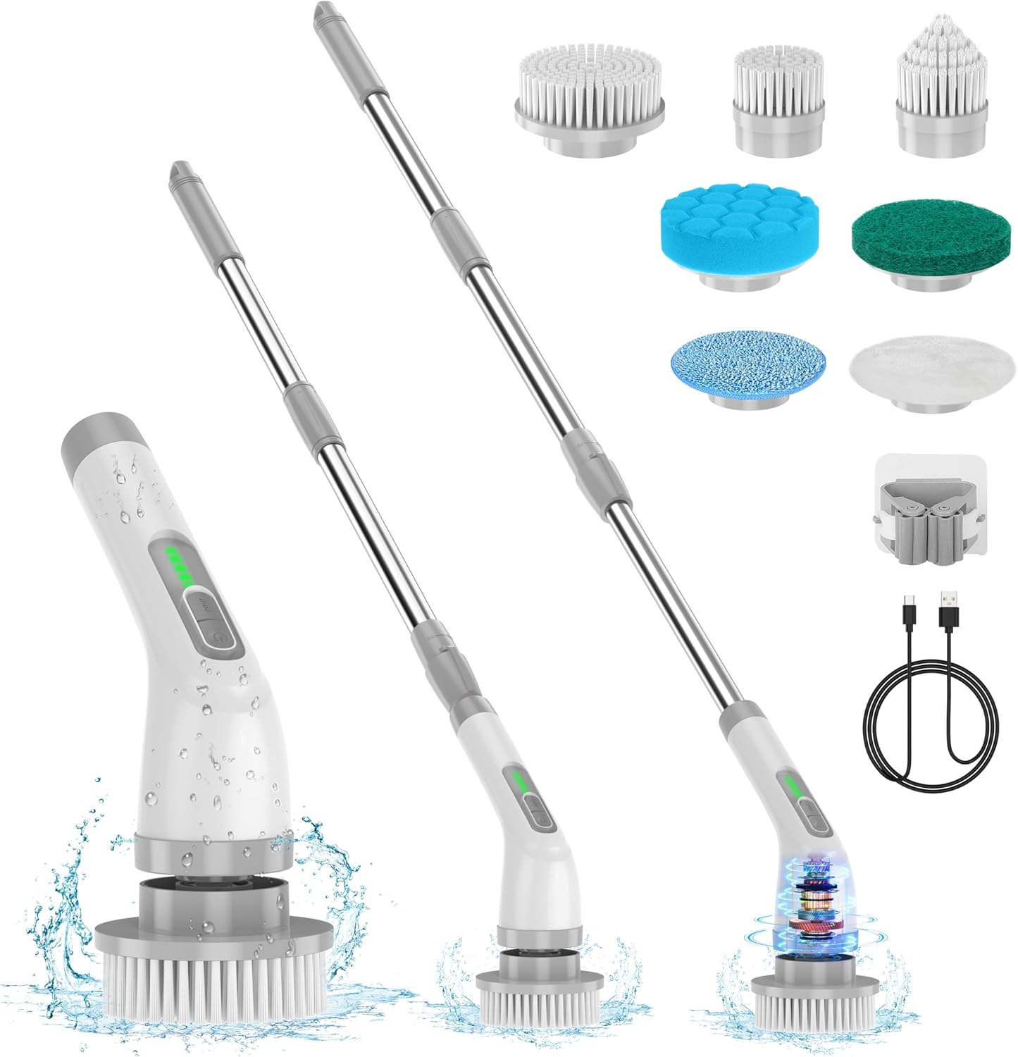 Spazzola elettrica rotante 7 in 1, potente pulizia a 420 giri/min, spazzola per il bagno da 1,5 ore a doppia velocit脿 con braccio di prolunga per cucina, auto, piastrelle, pareti, pavimenti, doccia