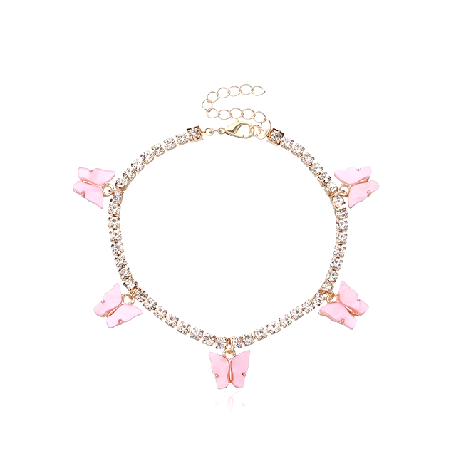 Pink Butterfly Anklet Sterling Silver Shiny Rhinestone Crytal Foot Chain