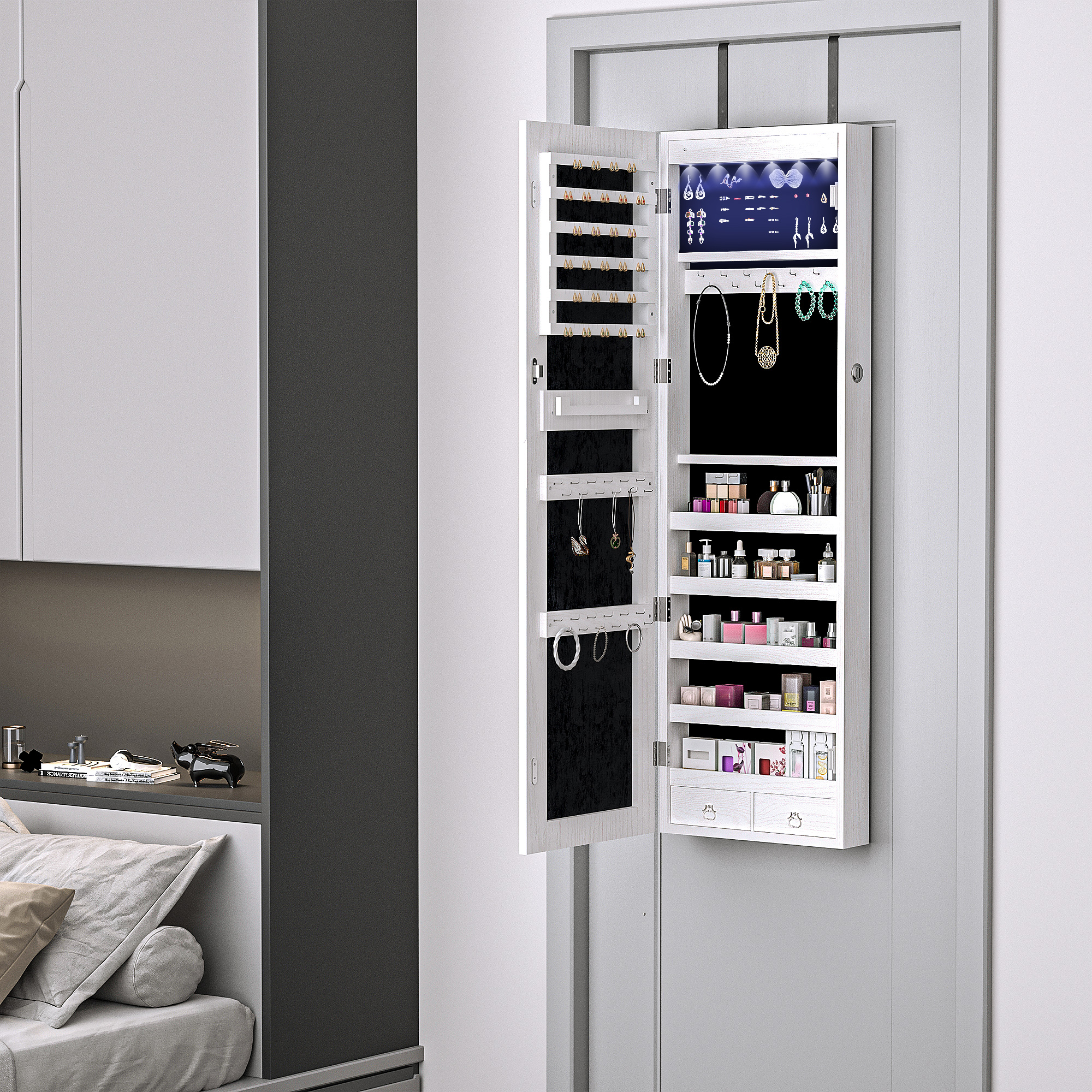 HOMCOM Schmuckschrank Spiegelschrank Wandschrank mit LED Wand-/Türmontage MDF Weiß 37 x 120 x 10 cm