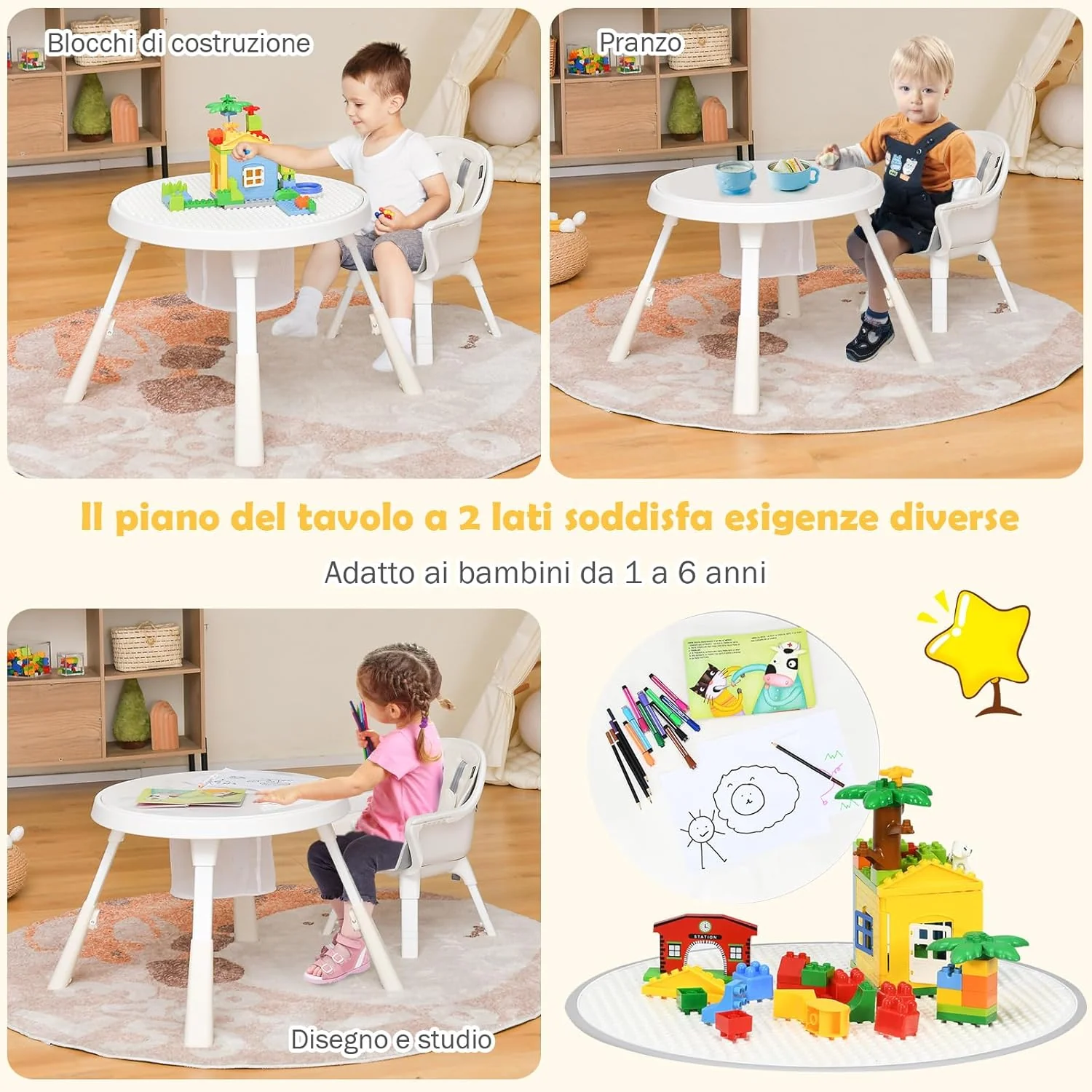 6 in 1 Seggiolone per Bambini, Seggiolone con Altezza Regolabile con Vassoio a 2 Livelli e Cesta, Centro Attività per Bambini, Set Tavolo e Sedia con Mattoncini per Bambini (beige)