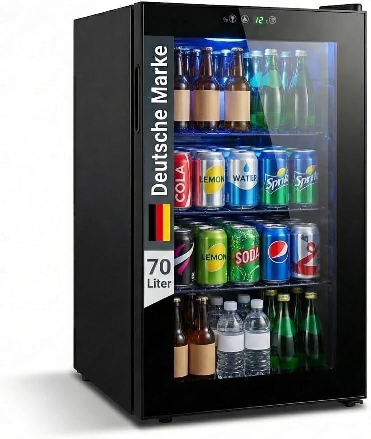 FREEZE. 70L Getränkekühlschrank, Mini-Kühlschrank für 126 Dosen, Glastürkühlschrank, Weinkühler, kleiner Kühlschrank mit Glastür und verstellbaren Regalen für Zuhause/Bar/Büro, frostfrei, Schwarz