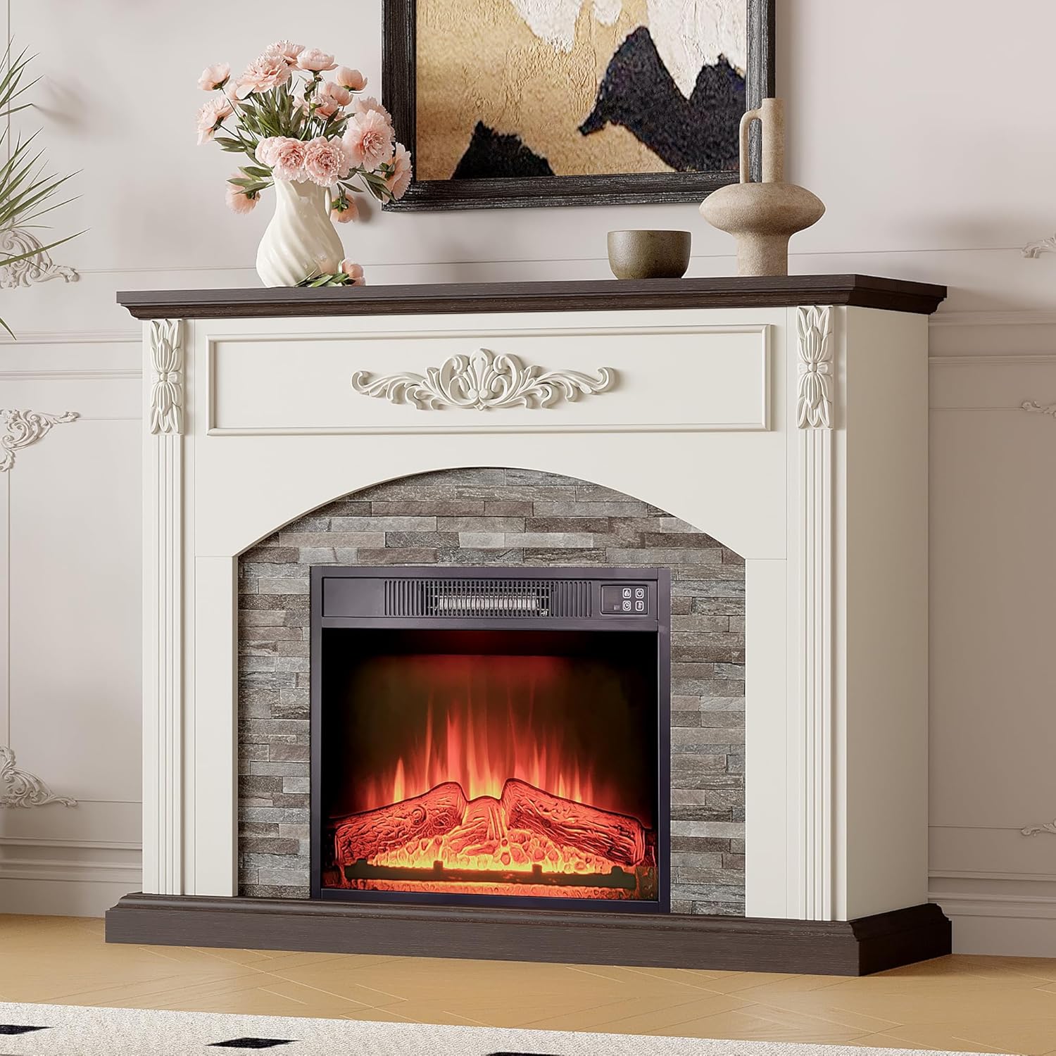 44Inch Electric Fireplace with Mantel, Farmhouse TV Stand with Electric Fire Place Heater, Stacked Stone Surround,White Firebox with 23