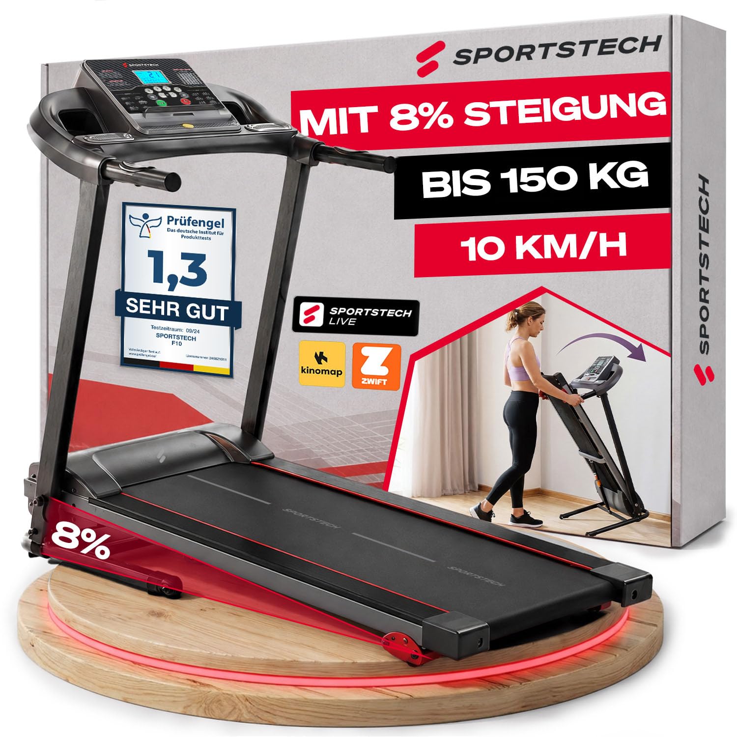 Sportstech F10 klappbares Laufband für Zuhause mit Selbstschmiersystem und platzsparendem Faltmechanismus