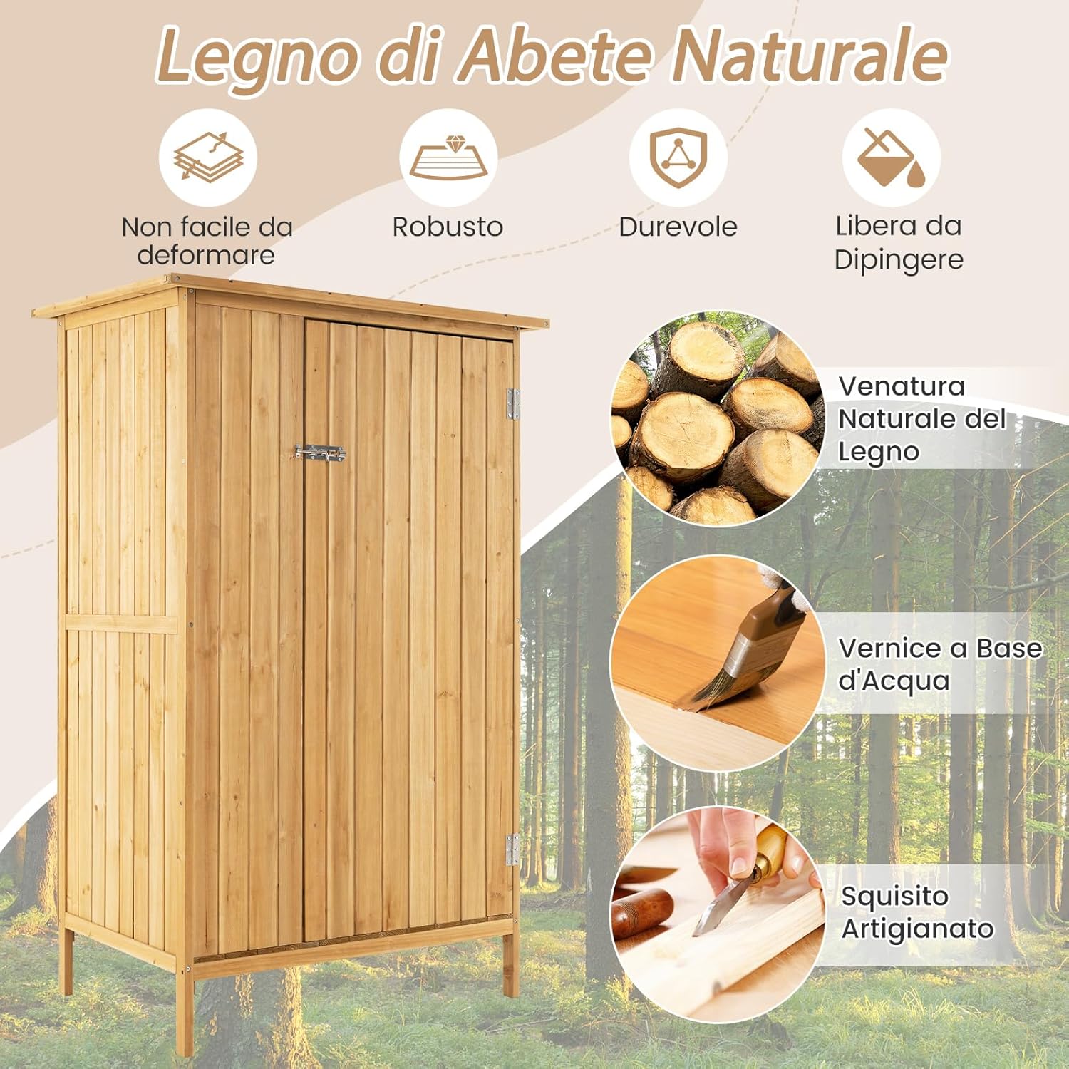 COSTWAY Armadio da Esterno, Casetta Porta Attrezzi da Giardino in Legno di Abete con Tetto in Asfalto, 3 Ripiani, Porta con Serratura e 5 Ganci, Ripostiglio per Balcone e Cortile, 91 × 66 × 150 cm