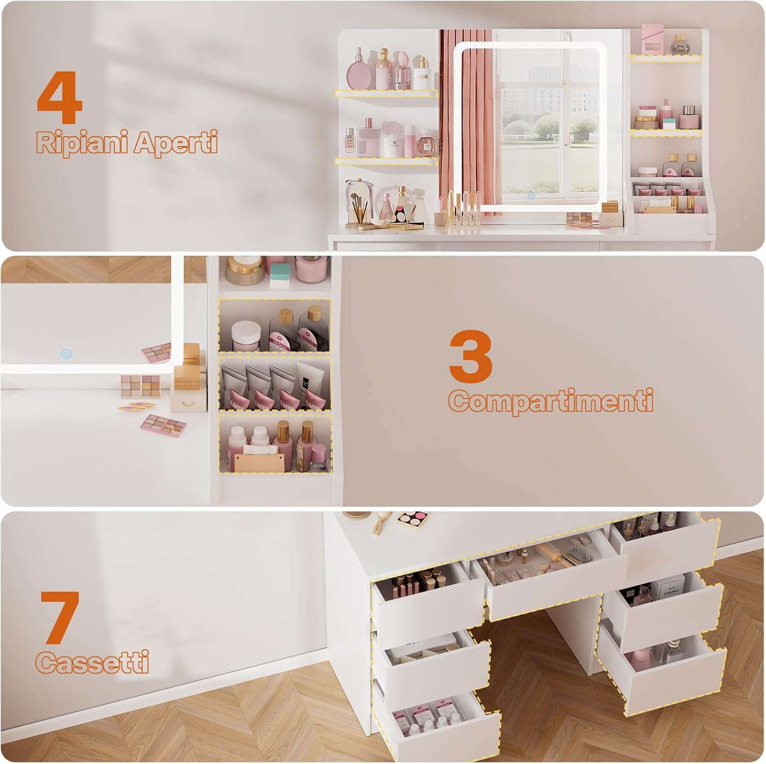 Airfish Make-up Vanity with LED Lights, Adjustable Brightness, Makeup Table with Mirror, Makeup Desk with 7 Drawers, 4 Open Shelves for the Bedroom (White)