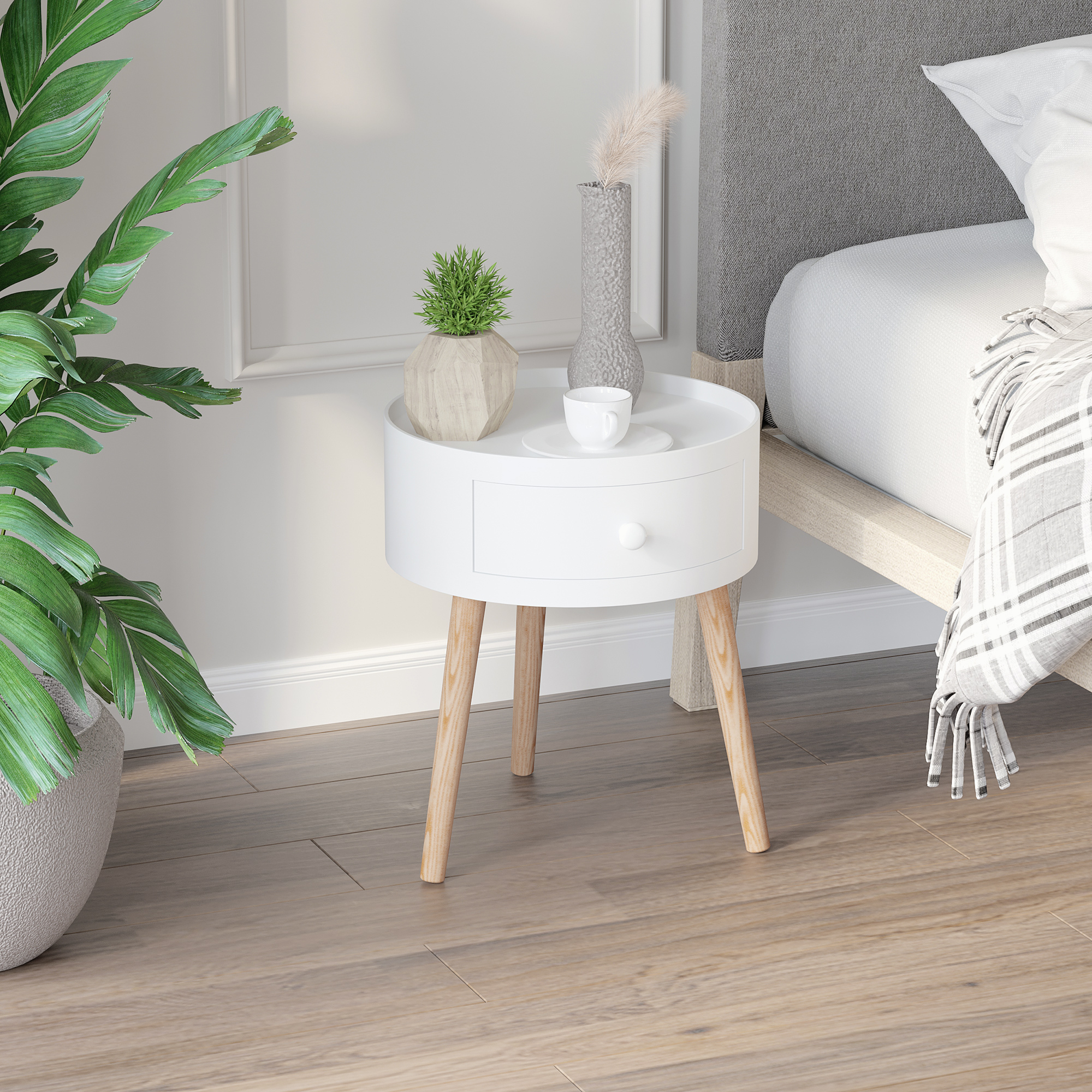 HOMCOM Beistelltisch Sofatisch Couchtisch mit Schublade Wohnzimmer Holz Weiß Ф38 x H45cm