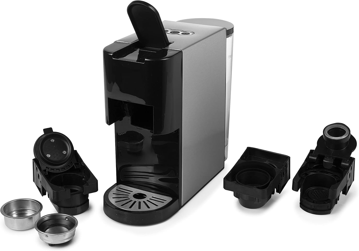 Princess 01.249450.01.001 Caffettiera Multifunzione, Compatibile con capsule Nespresso,Dolce Gusto,cialde ESE e caffè macinato, 19 bar, Nero e argento, 800 ml