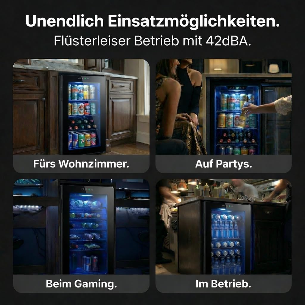 FREEZE. 70L Getränkekühlschrank, Mini-Kühlschrank für 126 Dosen, Glastürkühlschrank, Weinkühler, kleiner Kühlschrank mit Glastür und verstellbaren Regalen für Zuhause/Bar/Büro, frostfrei, Schwarz