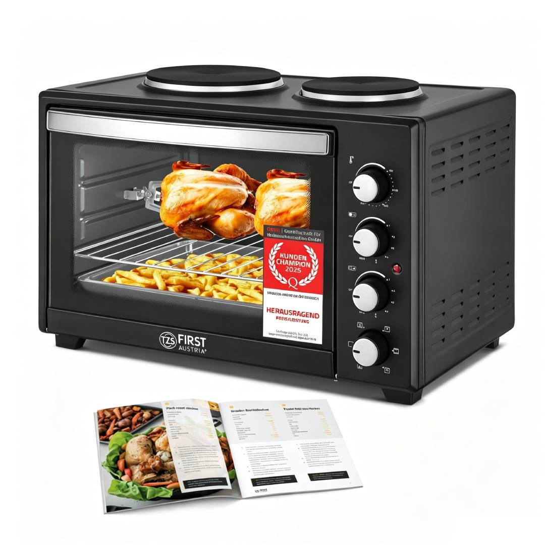 Minibackofen 60 L mit Umluft und Drehspieß, 2000 W, bis 230 °C, 60-Min-Timer, 4 Einschubhöhen, Backblech, Grillrost