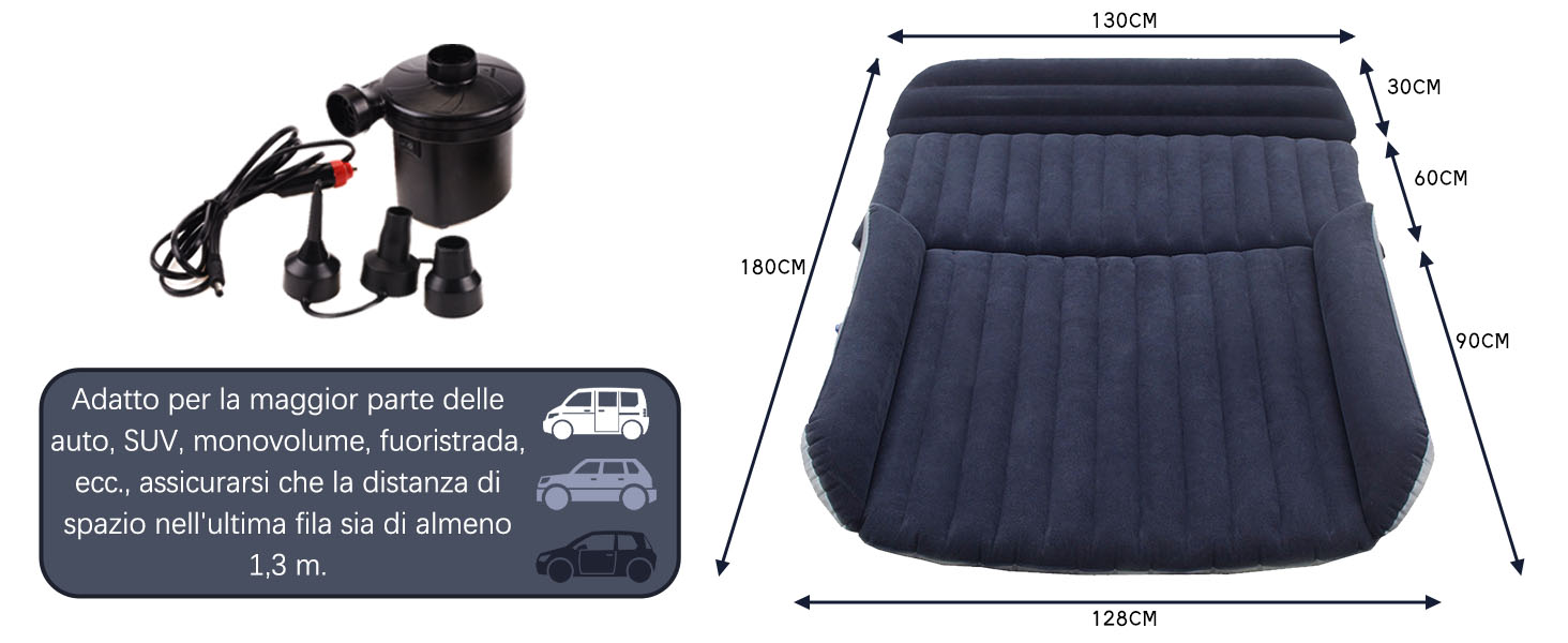 Materasso gonfiabile per auto con pompa elettrica, che mostra un letto gonfiabile blu scuro con le dimensioni contrassegnate e le informazioni sulla compatibilità del veicolo