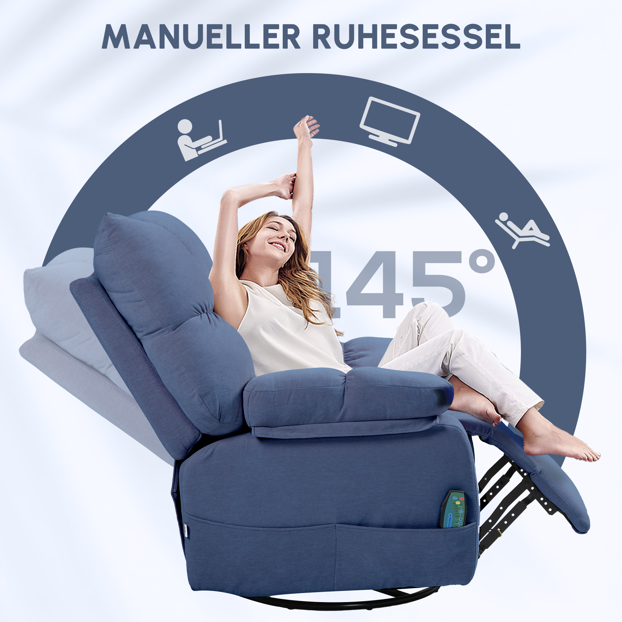 Massagestoel met Warmte- & Ligfunctie, Draaibaar, tot 150 kg, Metalen Frame, 98x90x98cm, Blauw