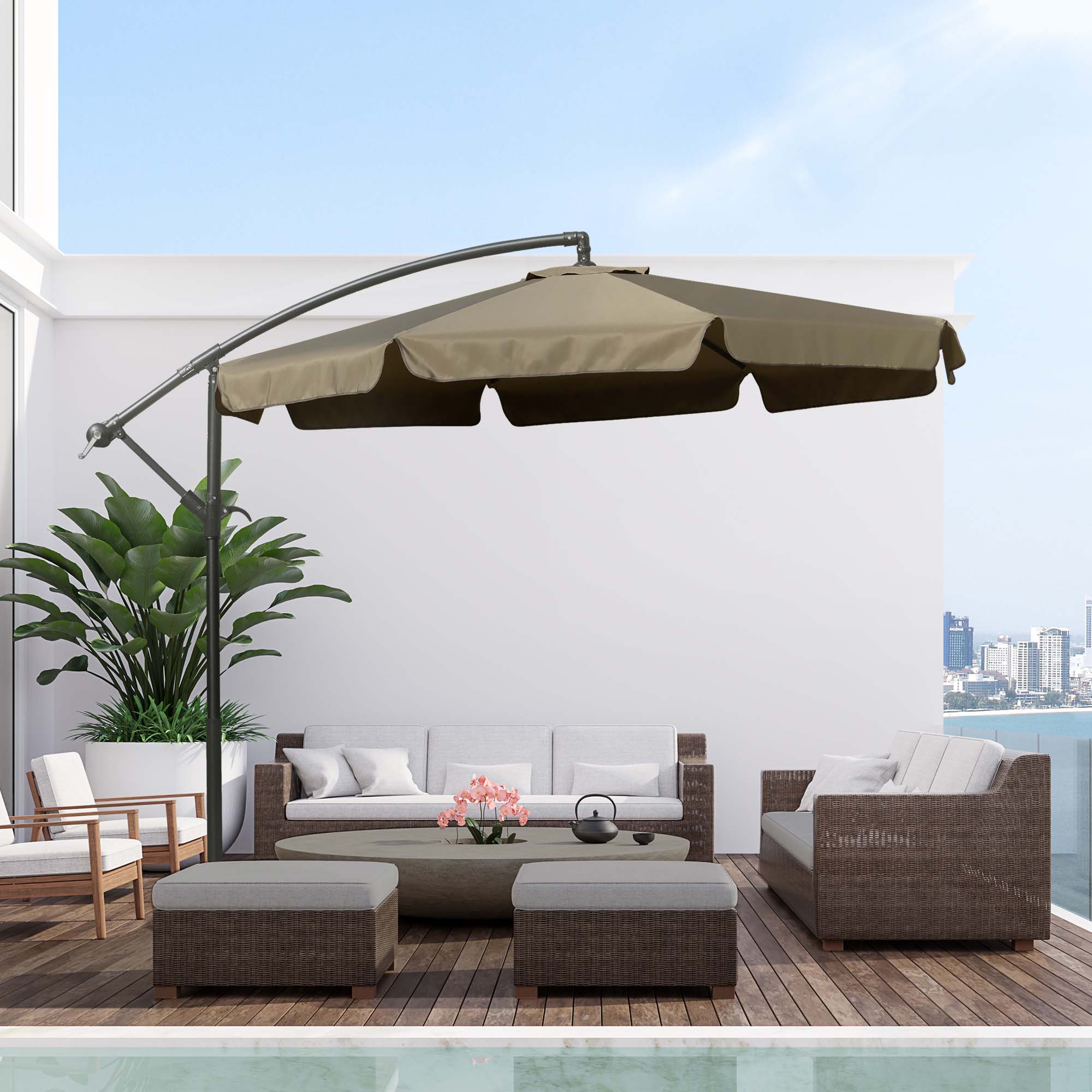Outsunny Sonnenschirm Ampelschirm mit Handkurbel Rüschen Ø2,65 x 2,65H m Gartenschirm Sonnenschutz Garten Balkon Kaffee