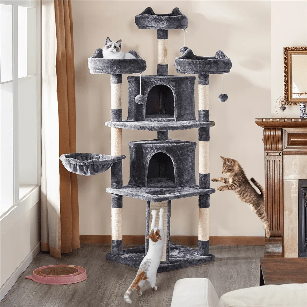 Árbol para Gato de Gran Formato Topeakmart 175 cm con 2 Cuevas y Rascadores, Gris Oscuro