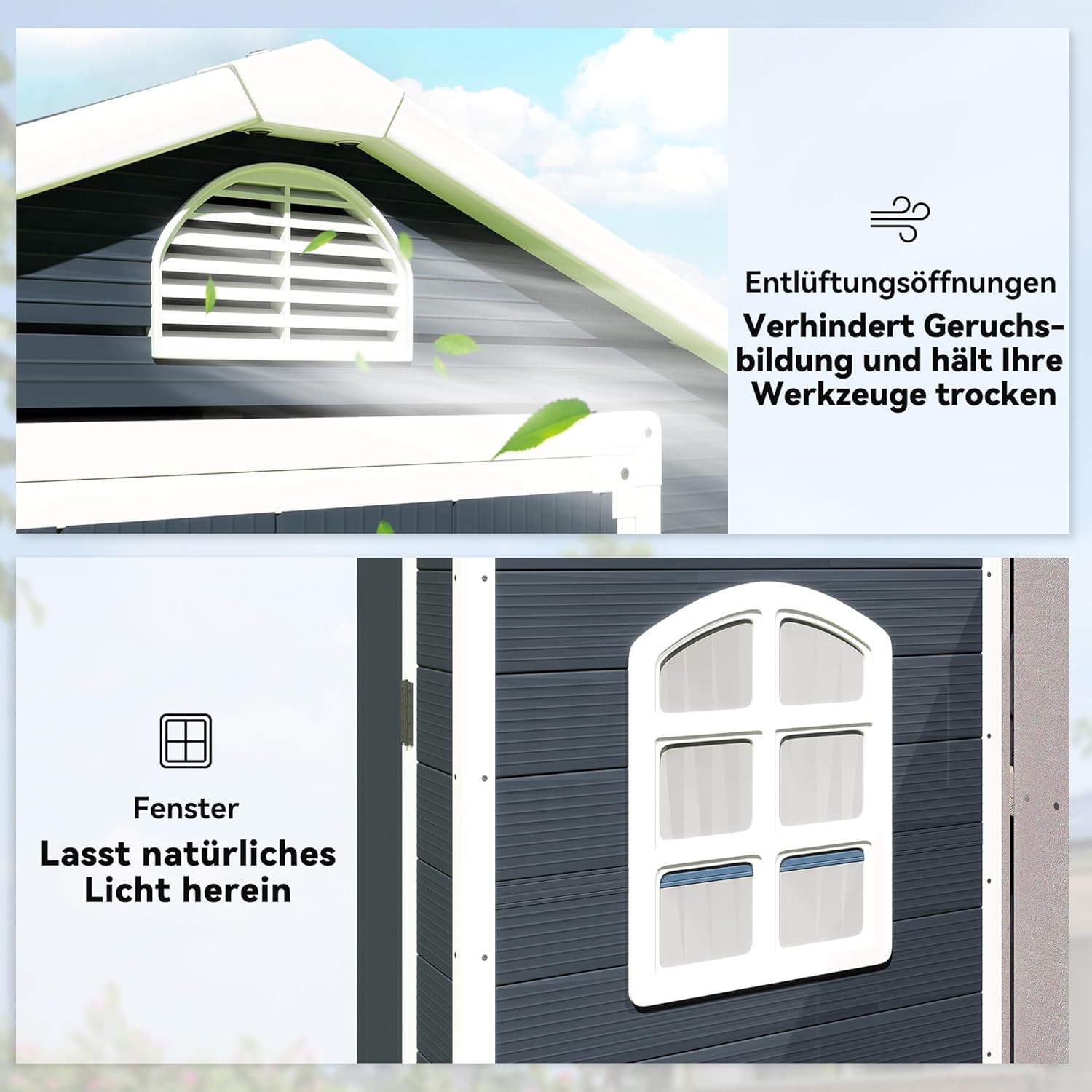 Outsunny Gerätehaus 1,1m², Geräteschuppen mit Satteldach, 134 x 104 x 204 cm, Kunststoff Geräteschuppen mit Abschließbar Tür Belüftungsöffnung Fenster Fundament, Gartenhaus für Garten Dunkelgrau