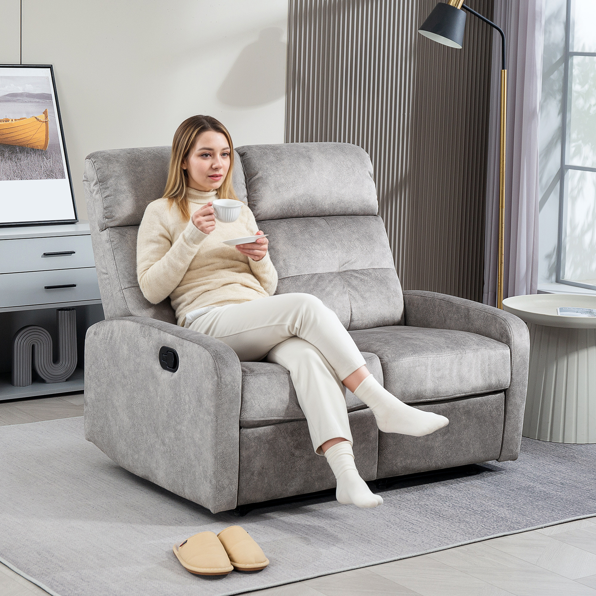 HOMCOM Doppelsitz-Sessel, Relaxsessel mit verstellbarer Doppellehne und Fußablage, für Wohnzimmer, Stoffbezug, Grau