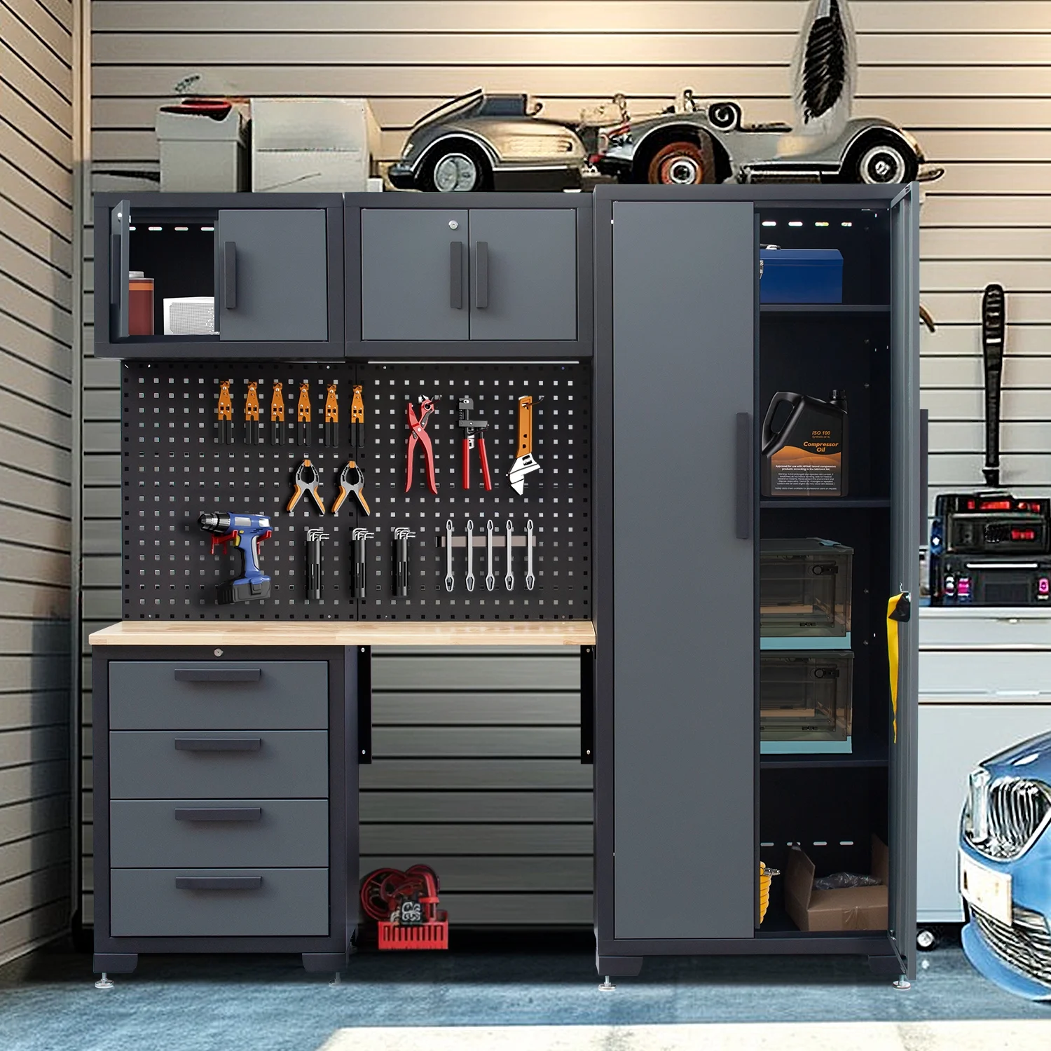 HPDMC Garage Storage Cabinet System 7-Pcs Workshop Set Metal Garage Cabinets System with Steel Cabinet Drawers, Workbench, Pegboard for Garage Tool Organization