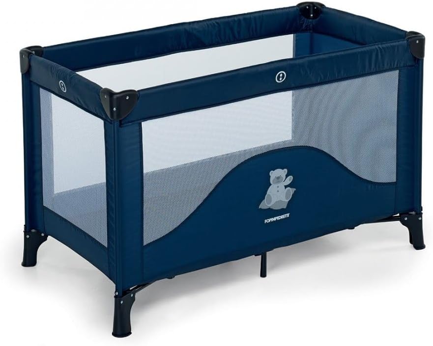 Foppapedretti Teddytour Folding Travel Cot Large Ventilation with Side Mesh Inserts, Additional Feet for Stability, Travel Case, 78 x 67 x 127 cm (Open), Blue