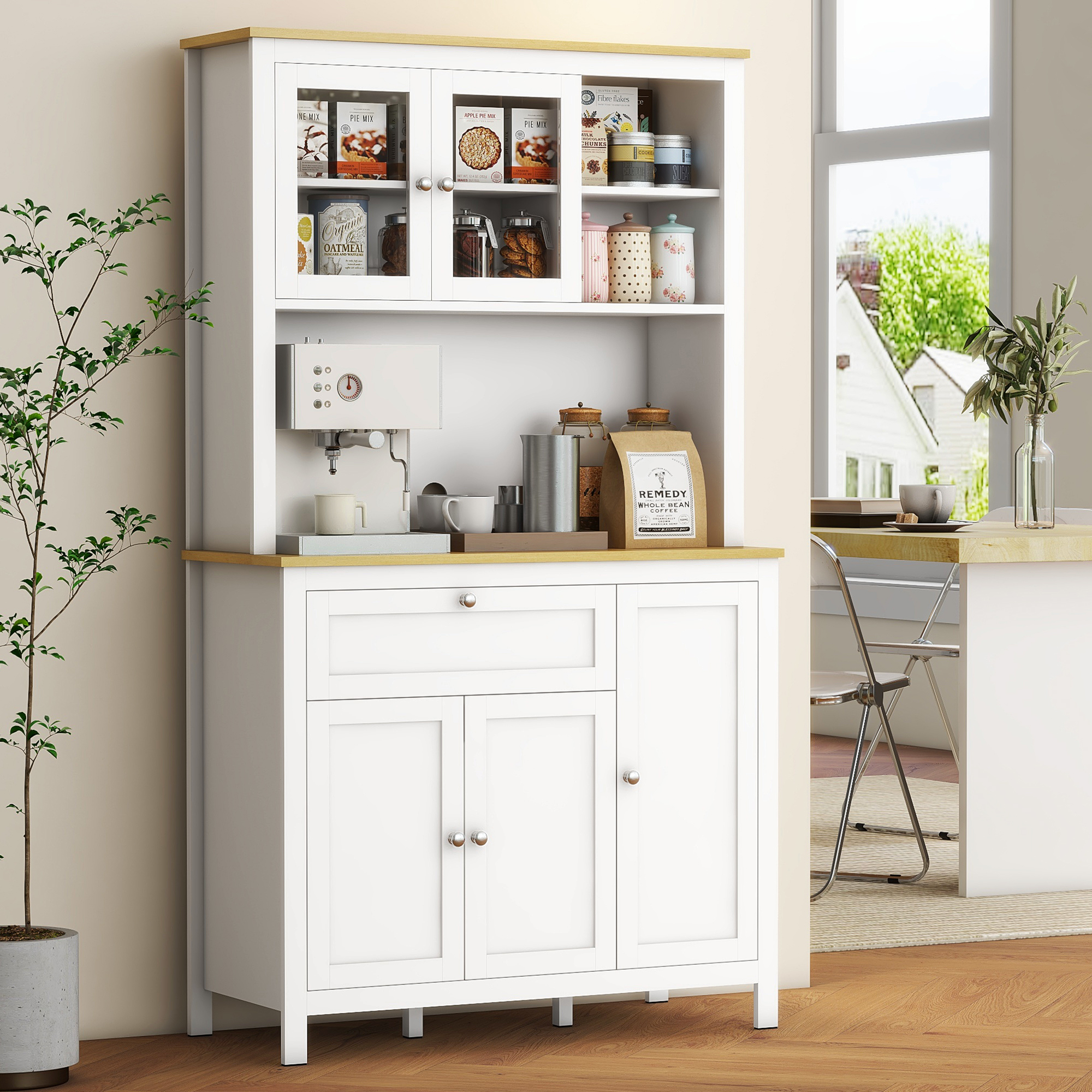 HOMCOM Küchenschrank im Landhausstil, 1 Vitrine, 1 offenes Regal, 1 Schublade, 2 Schränke, Natur + Weiß