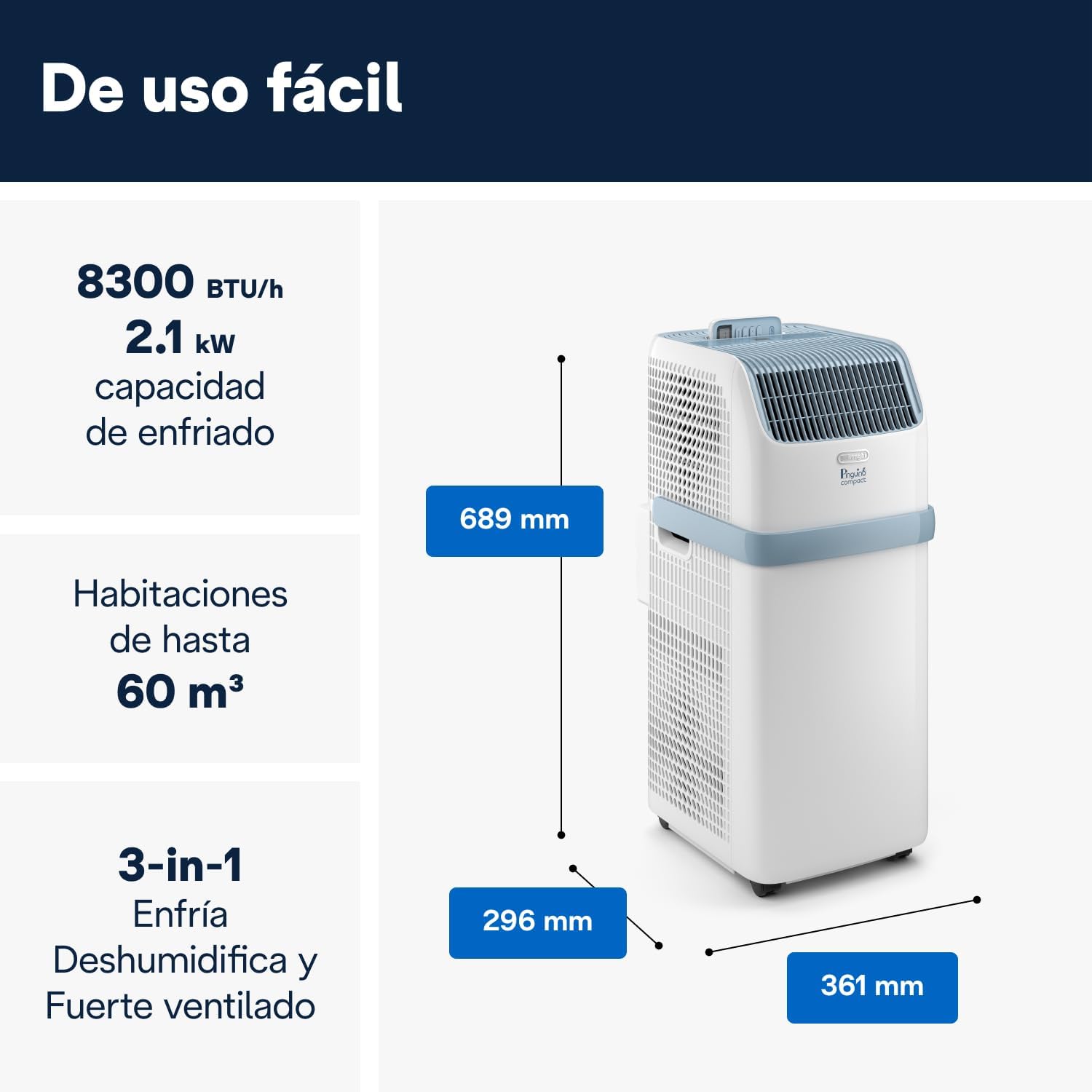 Pinguino Compact PAC ES72 YOUNG Aire Acondicionado Portátil 8.300 BTU/h, 2,1 kW, hasta 60m³, Función Deshumidificador y Ventilación, Temporizador 24 Horas