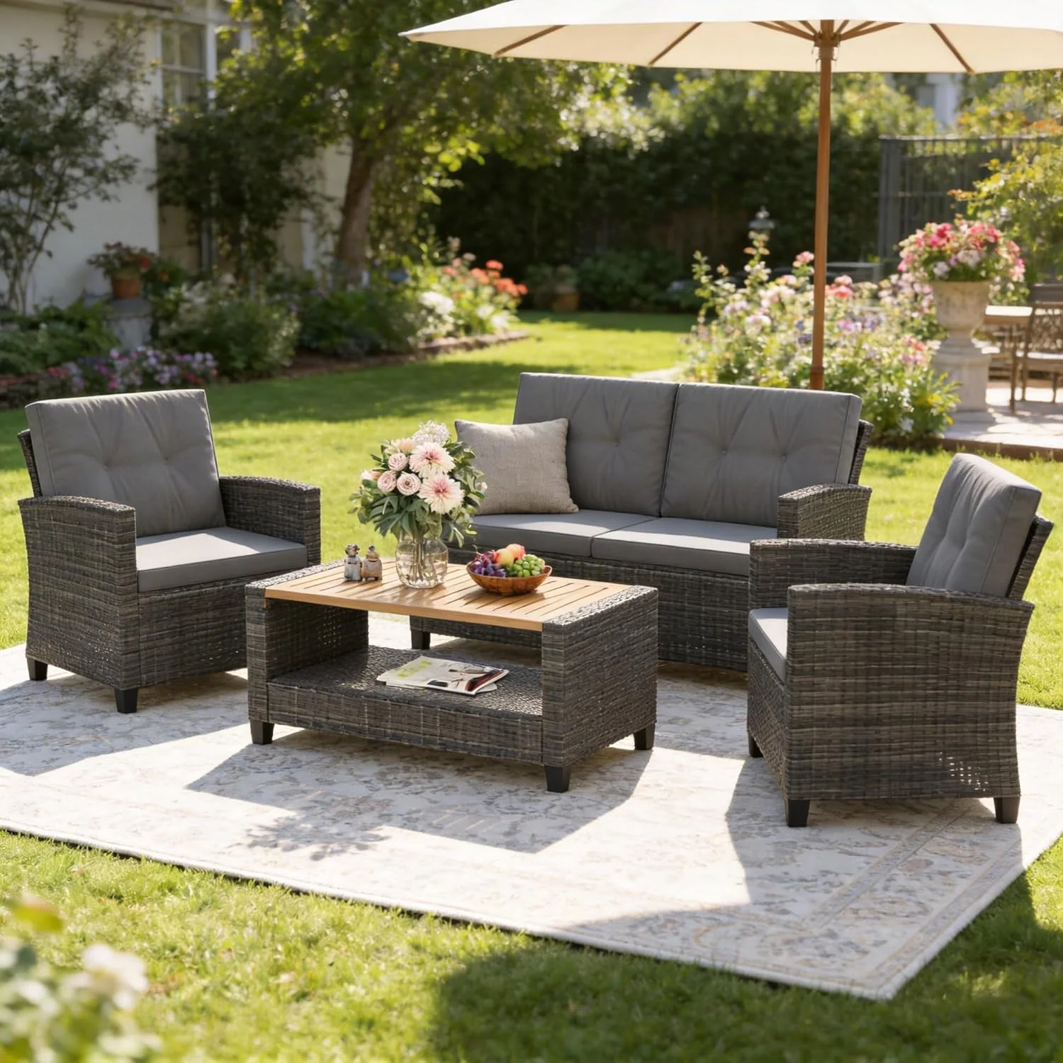 Wisteria Lane 4 Piece Patio Furniture Set. Wicker Outdoor Patio Conversation Furniture Set. All Weather Outdoor Patio Sofa with Cushion and Glass Table. Navy Blue